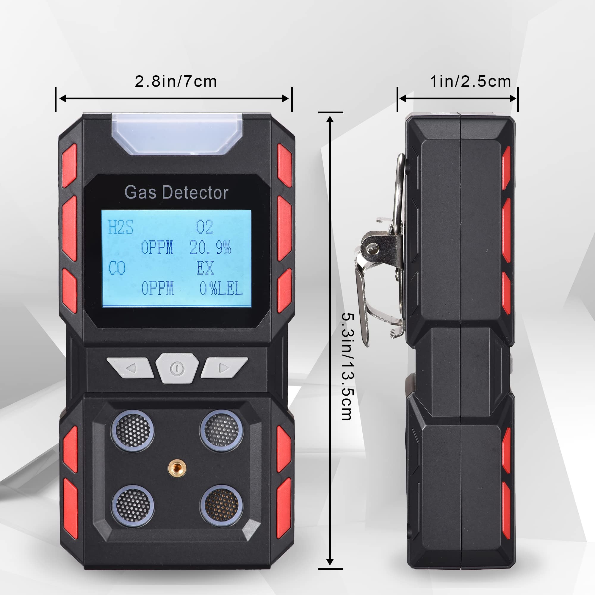 Tragbarer 4-in-1-Gasmelder, tragbarer Gaslecksuchgerät mit digitaler LCD-Anzeige, 4-Gas Messgerät mit Ton-Licht-Vibrationsalarm mit Sprachansagen, wiederaufladbare Batterie (schwarz)