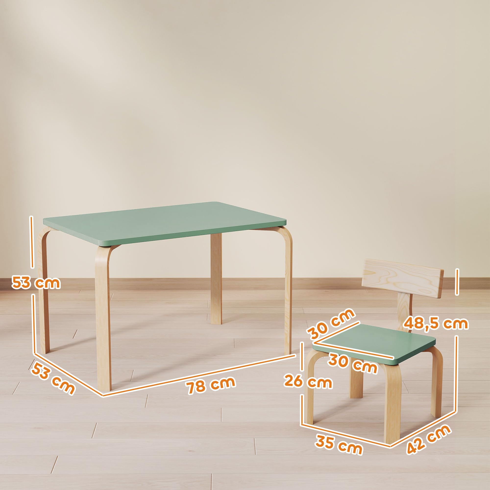 AIYAPLAY Table Enfant avec Chaise, Ensemble Table et 2 Chaises en Bois pour Dessiner, Jouer, Étudier, 3-8 Ans, Vert
