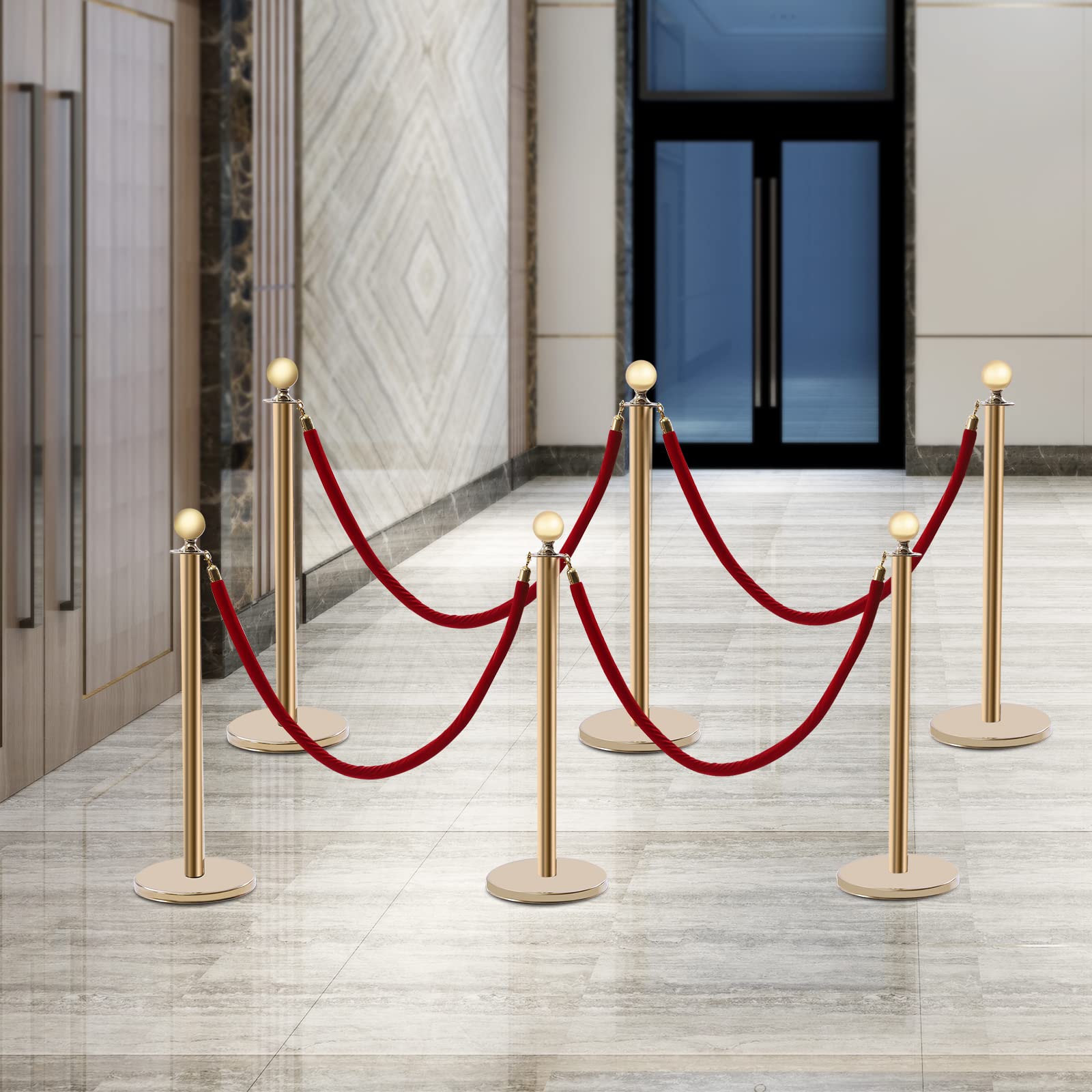 6PCS Gold Stanchion Posts Queue, Crowd Control Stanchion Set, 5 FT Red Carpet Ropes and Poles, Velvet Ropes and Posts with Soild Base, Red Carpet Safety Barrier, Line Dividers for Party Theater Hotel