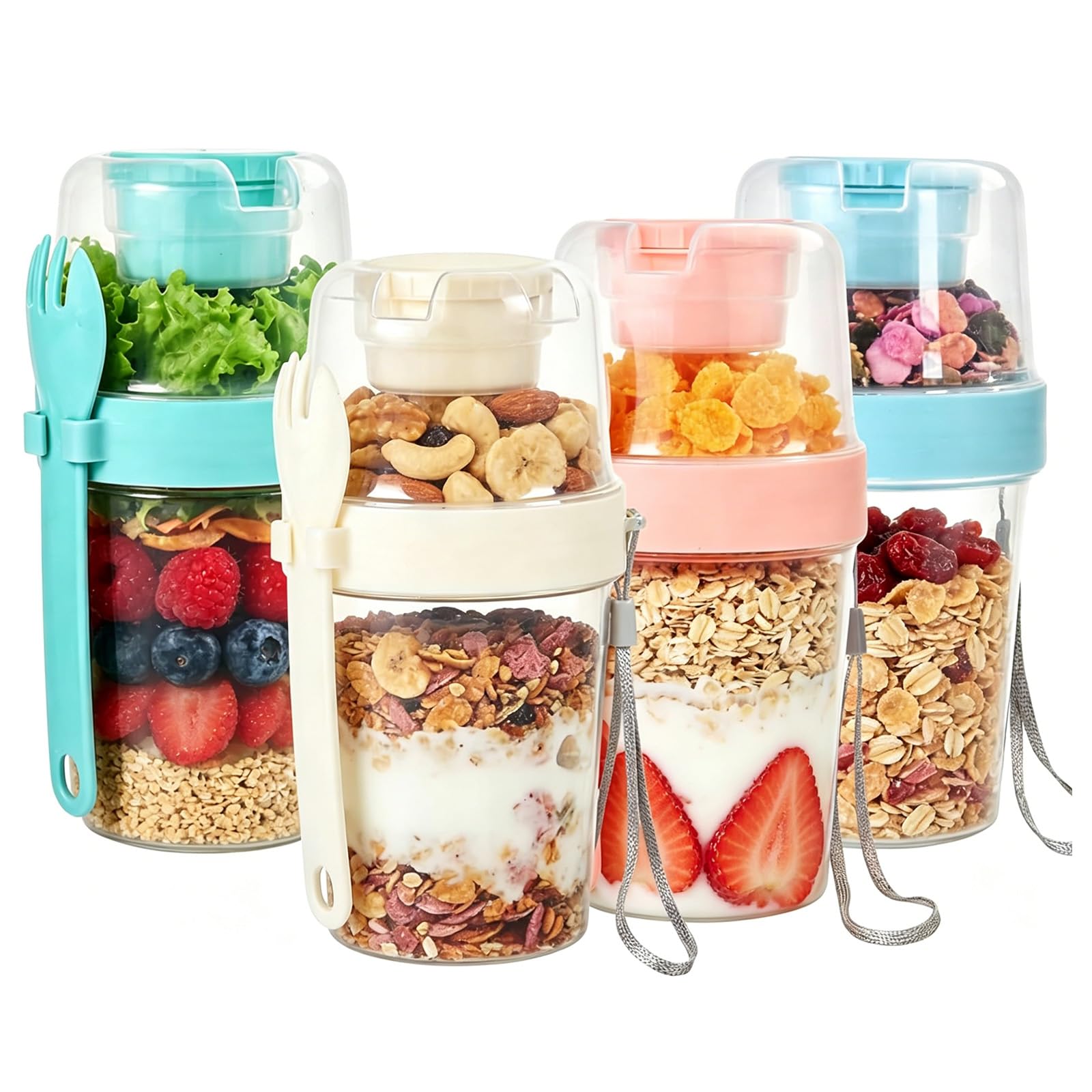4er Set Müslibecher to Go mit Löffel, Wiederverwendbare Joghurt-Parfait-Becher, Overnight Oats Gläser, Auslaufsicher joghurtbecher to go für Müsli To Go Becher, Joghurt To Go Becher, Müslicup
