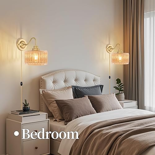 Miniatura 3 de Juego de 2 apliques de pared enchufables, apliques de pared vintage con pantalla de cristal verde tulipán, aplique de pared ajustable de 180 con