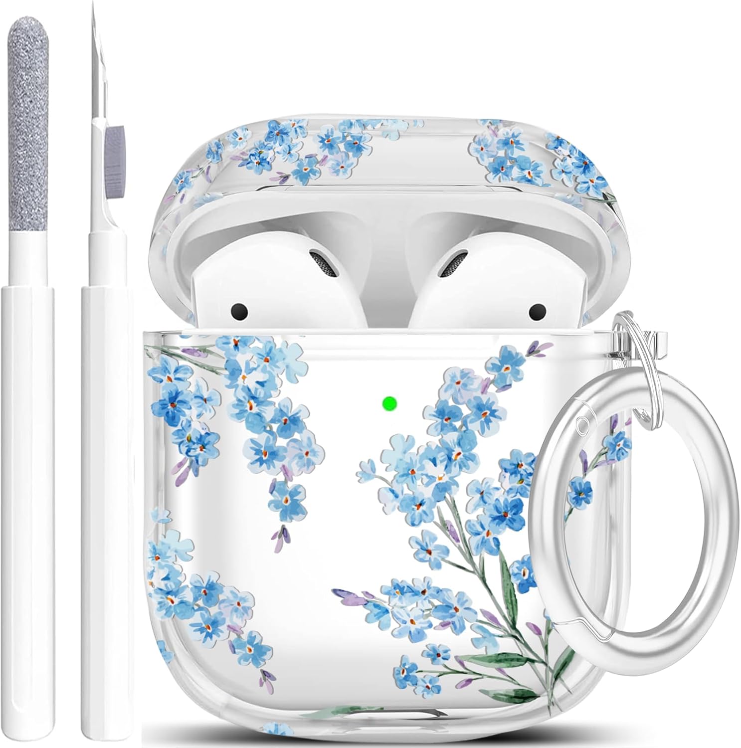 Protective Clear Floral Case Cover with Cleaner Kit Portable Shockproof Women Girls with Keychain for Apple Airpods 2/1 Charging Case - Clear/Blue Flower