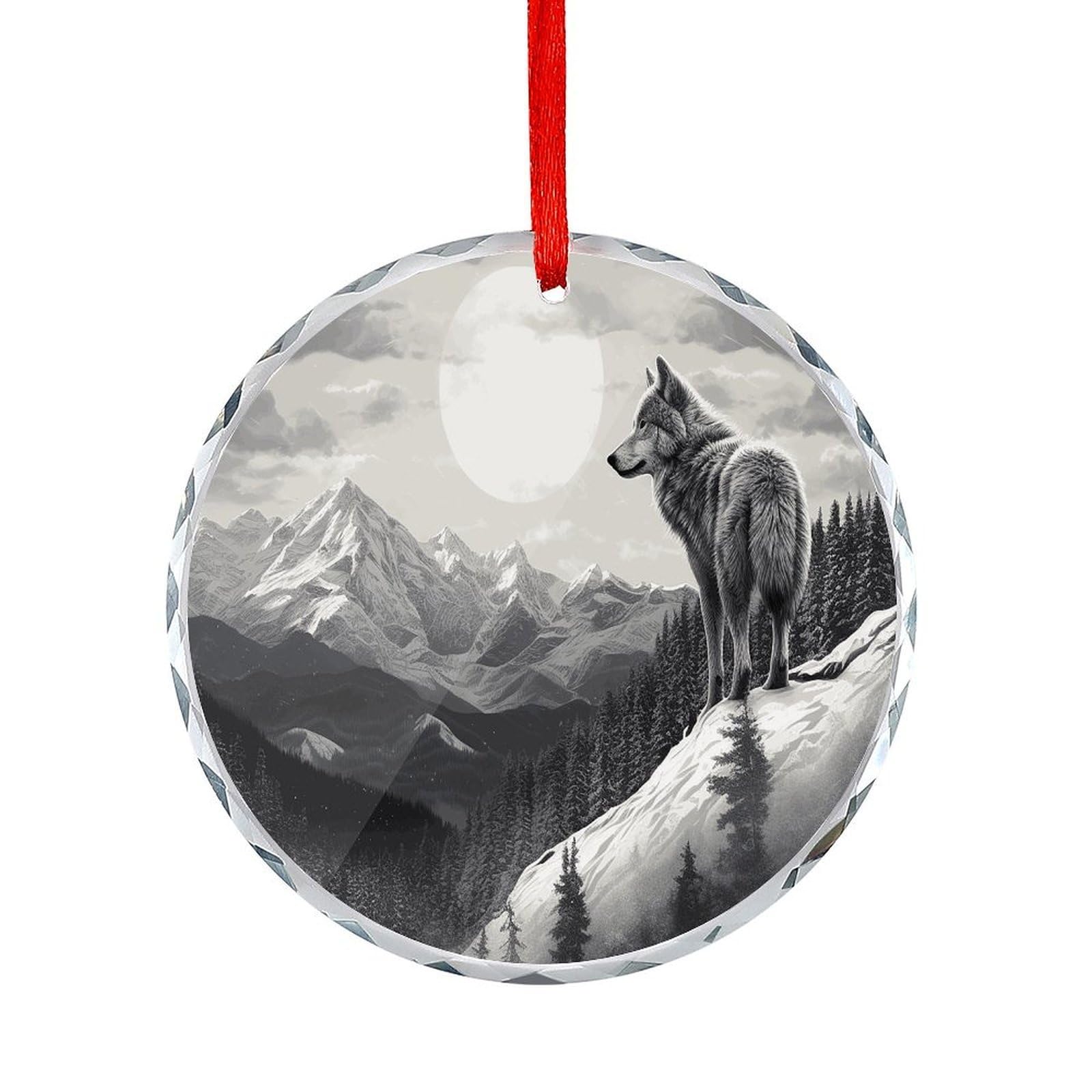 Btcowzrv Style Snow Mountain Lone Wolf Round Ornament Hanging Pendant Decor