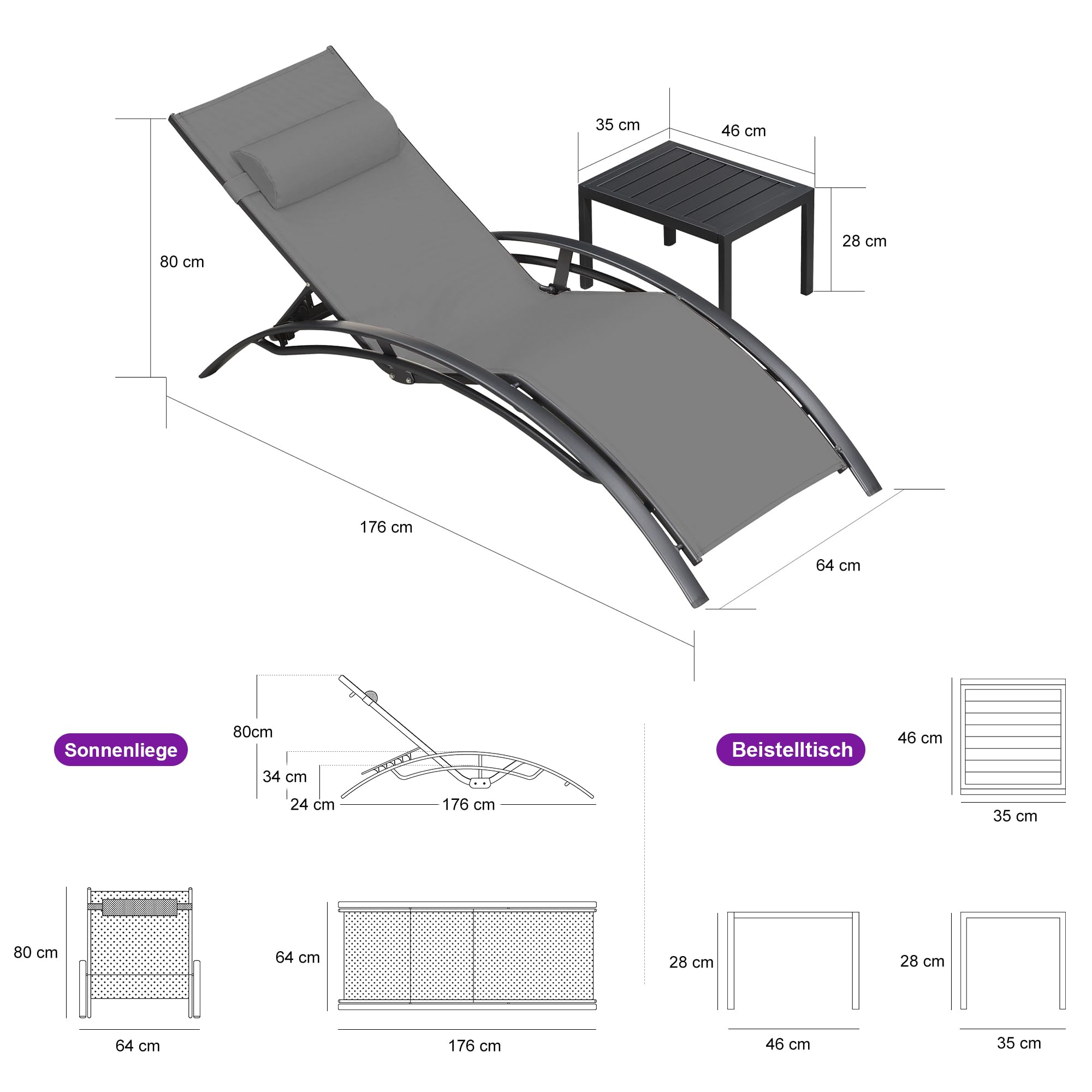 PURPLE LEAF 2er-Set Sonnenliege 4-Fach Verstellbar mit Beistelltisch, Grau | Textilene Gewebe, Verstellbares Kissen, Wetterbeständige Ausführung, Robuste Rostfreies Alurahmen Gartenliege
