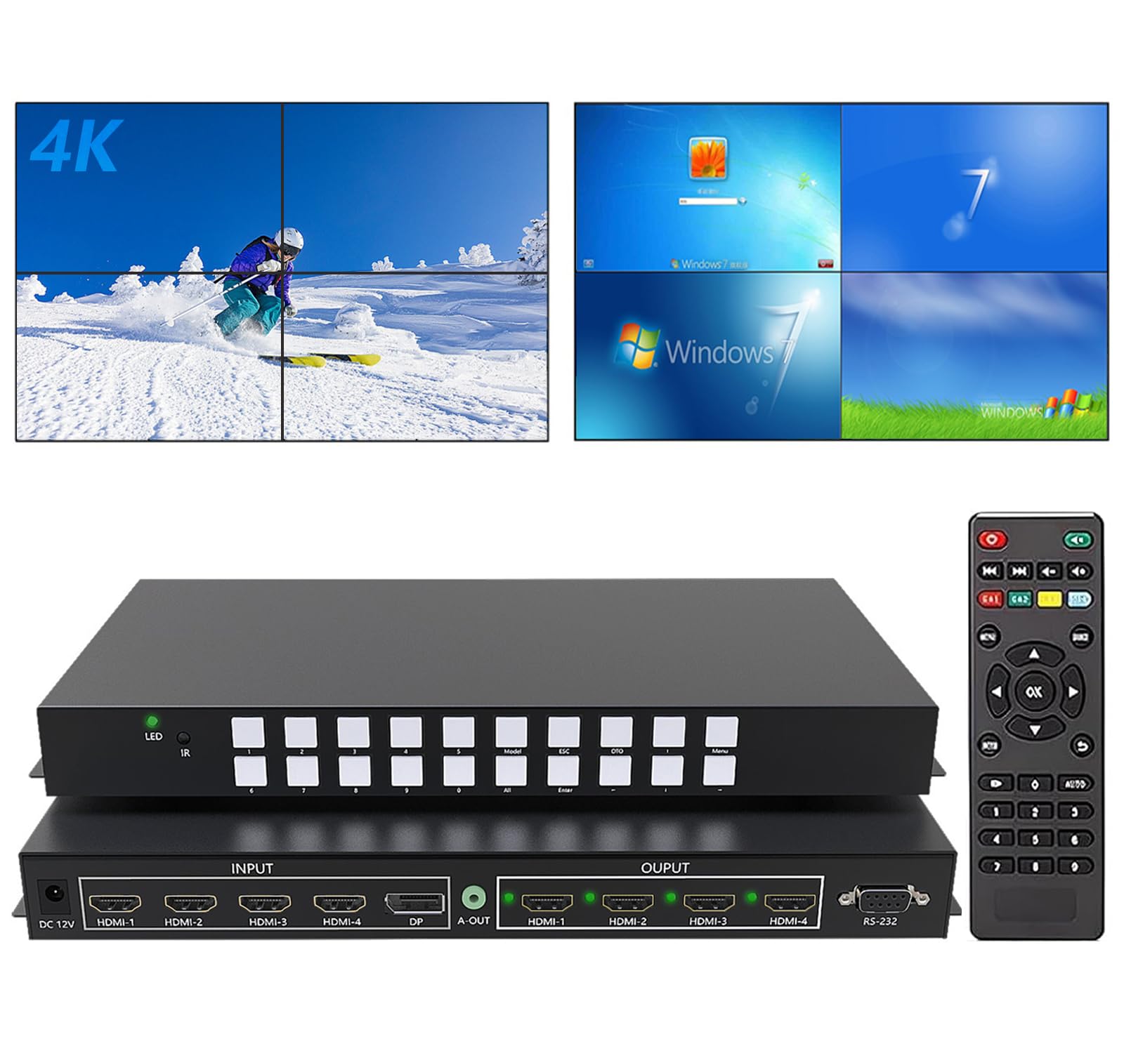 ICUIXIAN 4K60Hz 4x4 Seamless HDMI Matrix Switch multiview Video Wall Controller 2x2 Supports HDMI2.0, HDCP2.2, 24bit, 18Gbps, Rs-232, Multi-View Seamless Switcher Matrix 4x4 (4-4 Input/Output)