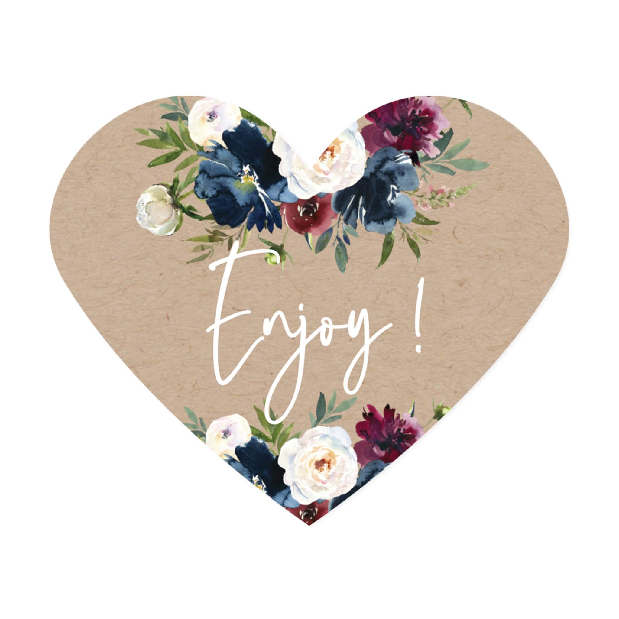 Andaz Press Kraft Brown with Burgundy Midnight Blue Florals Fall Wedding Party Collection, Heart Label Stickers, Enjoy, Floral Bouquet Graphic Design,