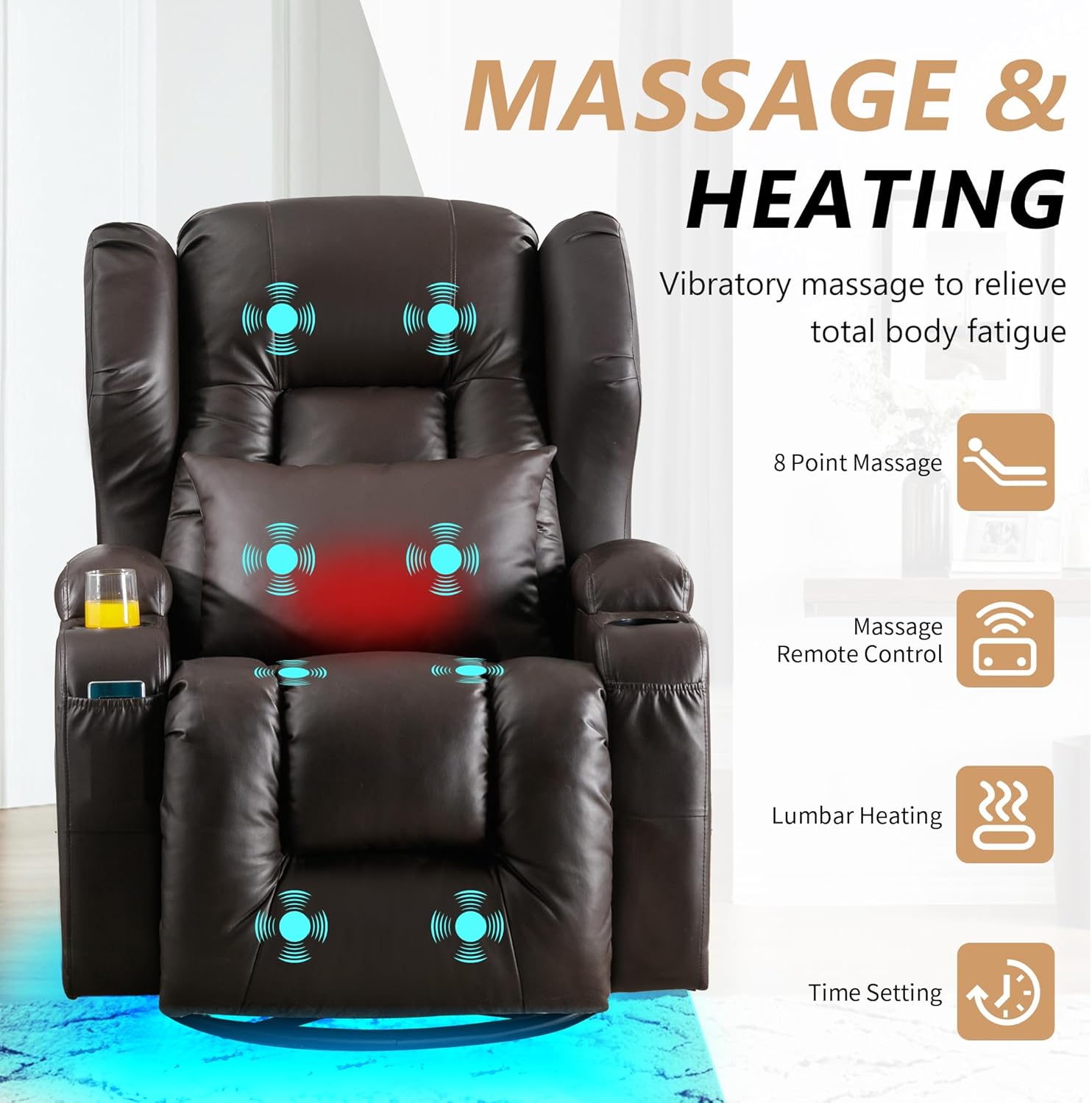 DRMBOOK Dual Motor Power Swivel Rocker Recliner Chairs, Electric Wall Hugger Reclining Sofa with Massage & Heat, Comfy Theater Seating with LED Light/USB/Type-C Ports (Leather Brown, Single Chair)