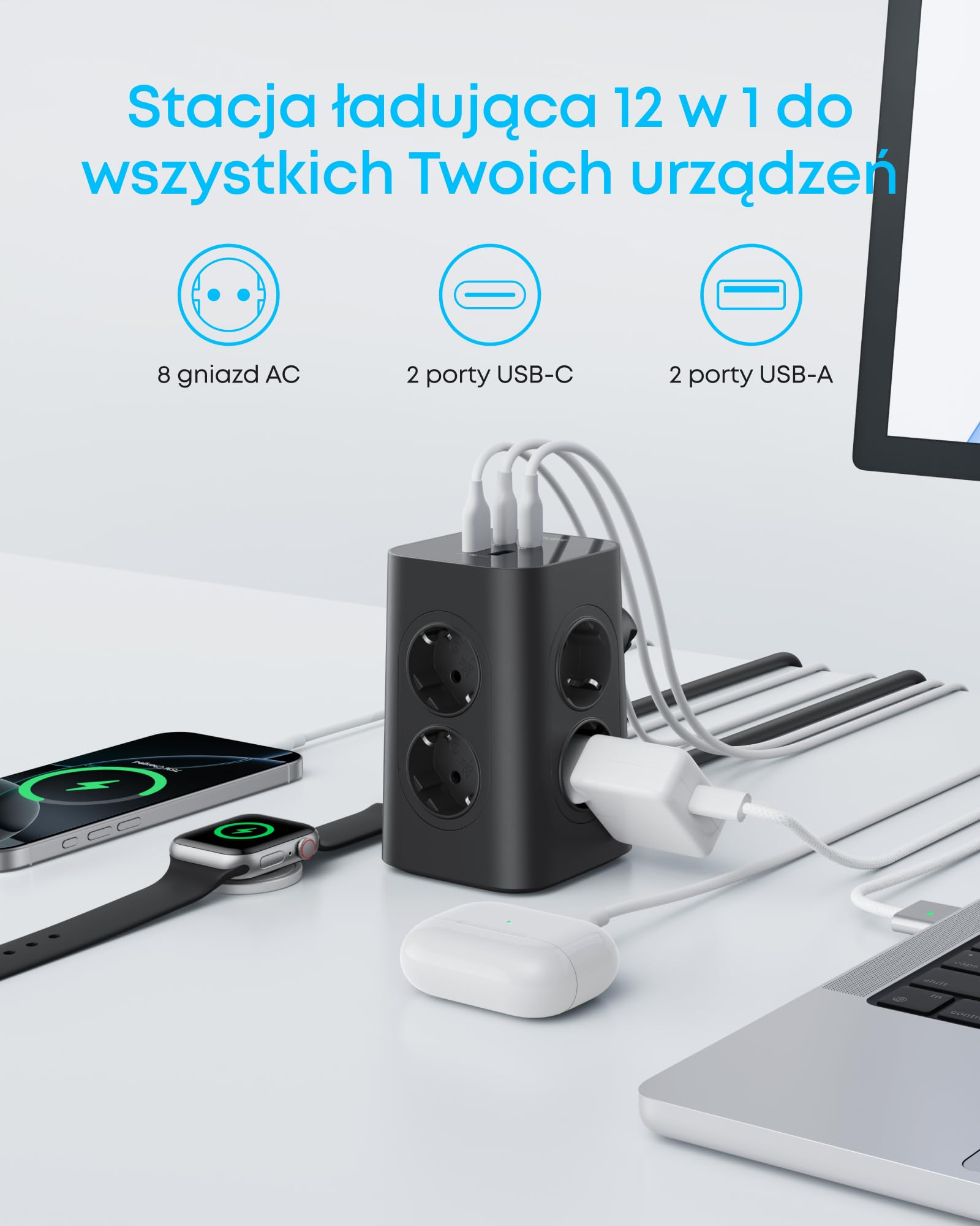 Anker listwa zasilająca 8 gniazd + 4 USB, 20W USB-C szybkie ładowanie, ochrona przepięciowa, wyłącznik, 2 m kabel, do biura, domu, gamingu | Do iPhone 13/13 Pro/12/12 Pro Max/11 Pro/X/XS/XR/8 Plus, do ładowarek typu C