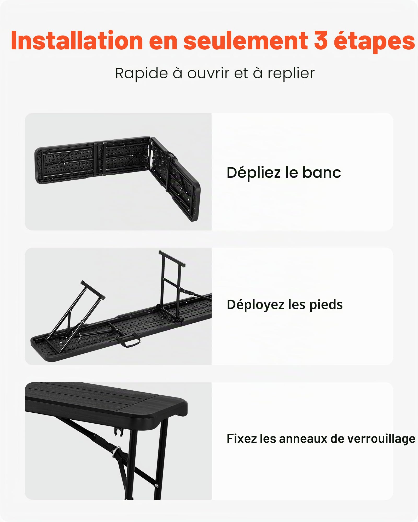 VEVOR Banc Pliant Portable en Plastique, 1825 mm, Banc de Camping, Lisse en PEHD imperméable, siège Pliable avec 2 Sacs de Transport, pour Pique-Nique, Football, Camping, Jardin, Noir (2 pièces)
