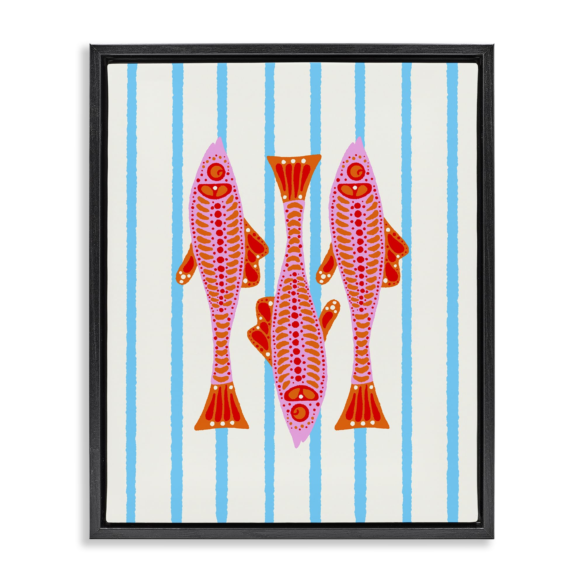'Bright Aquatic Fish on Stripes'| Floating Frame Canvas Art