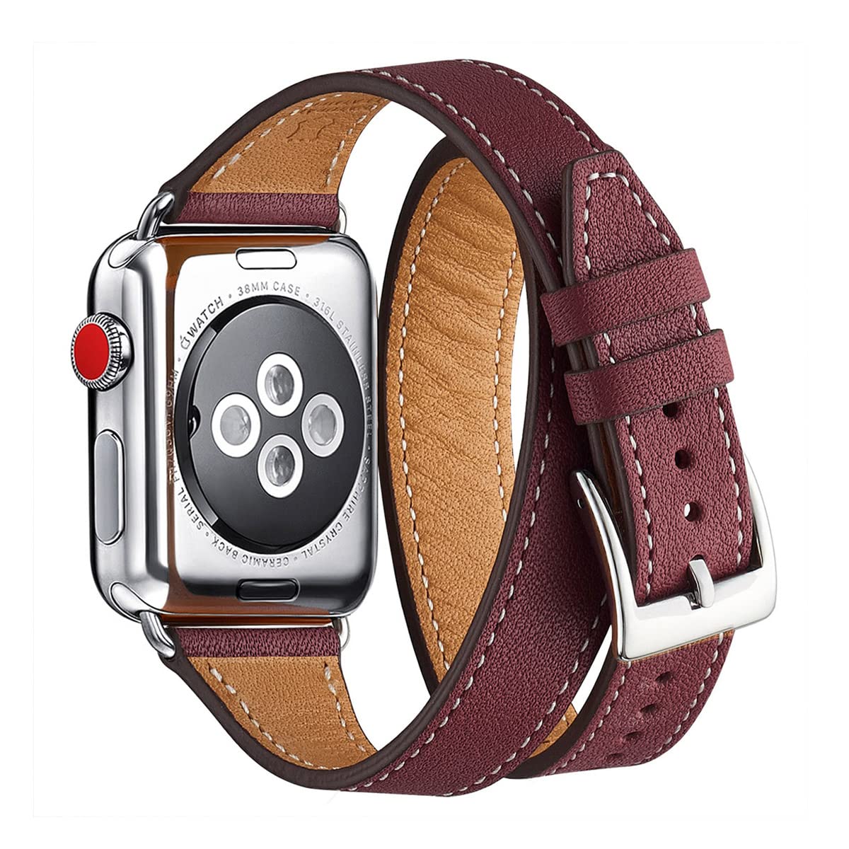 Bestig Bands Compatible with Apple Watch Band 49mm 46mm 45mm 44mm 42mm(Series 3 2 1) Women Men, Genuine Leather Double Tour Designed Slim Strap for iWatch Ultra SE Series 10 9 8 7 6 5 4(Wine+Silver)