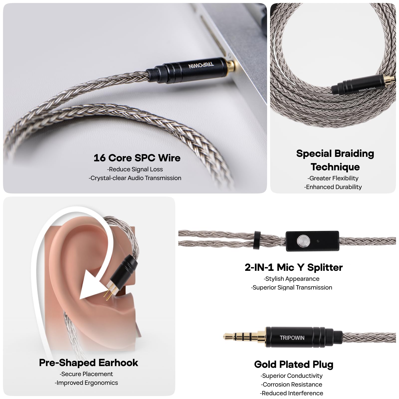Linsoul Tripowin Zonie Câble de Mise à Niveau des IEMs HiFi, avec Omni Mic, Câble d’écouteur SPC plaqué Argent à 16 âmes, Type C/3,5mm Fil Anti-enchevêtreme de 1,25m (3,5 mm, 2 Broches 0,78 mm)