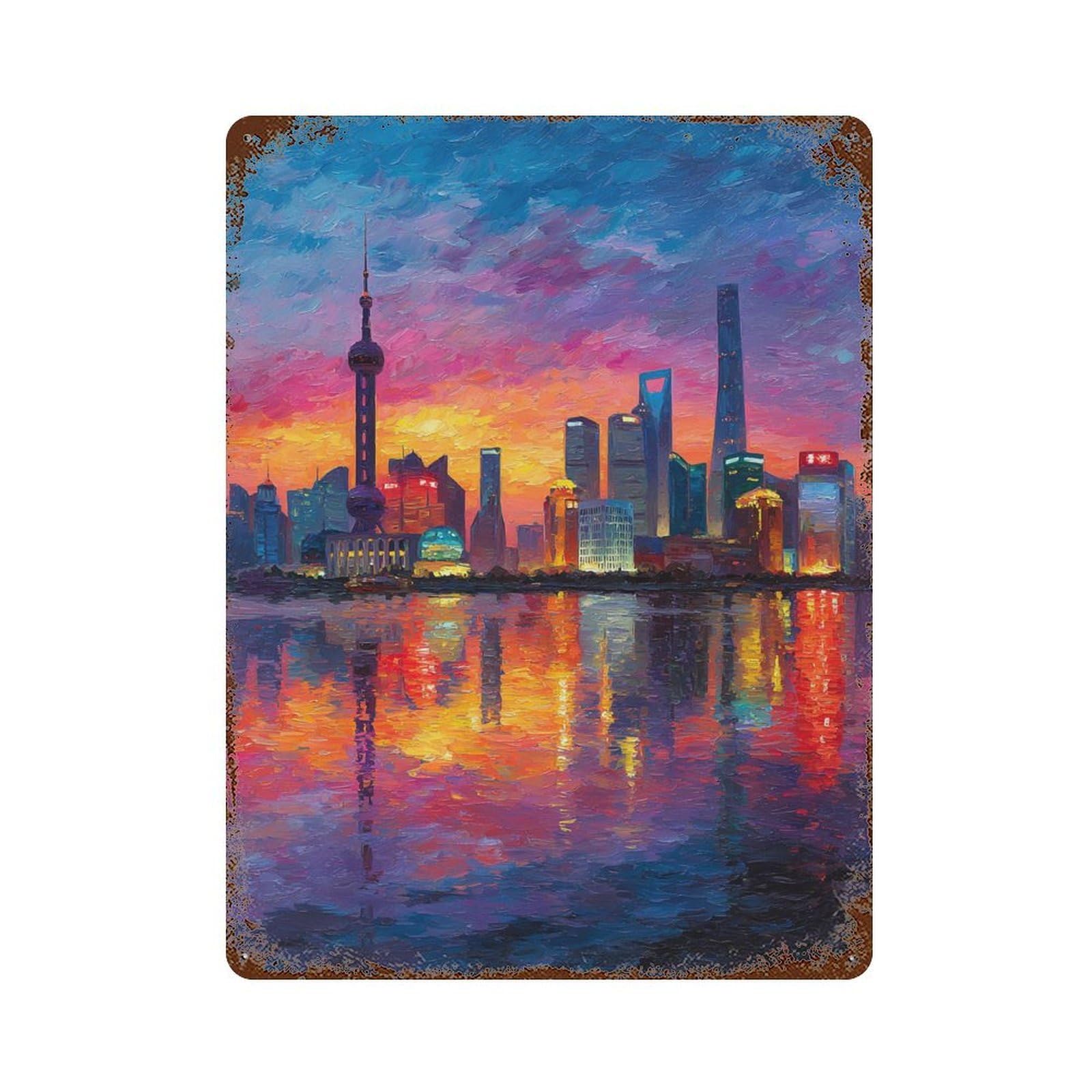 Vintage Rust Metal Sign Cityscape Reflections at Sunset 15.7"x11.8", Old School Wall Decor for Office, Studio And Wall Decor