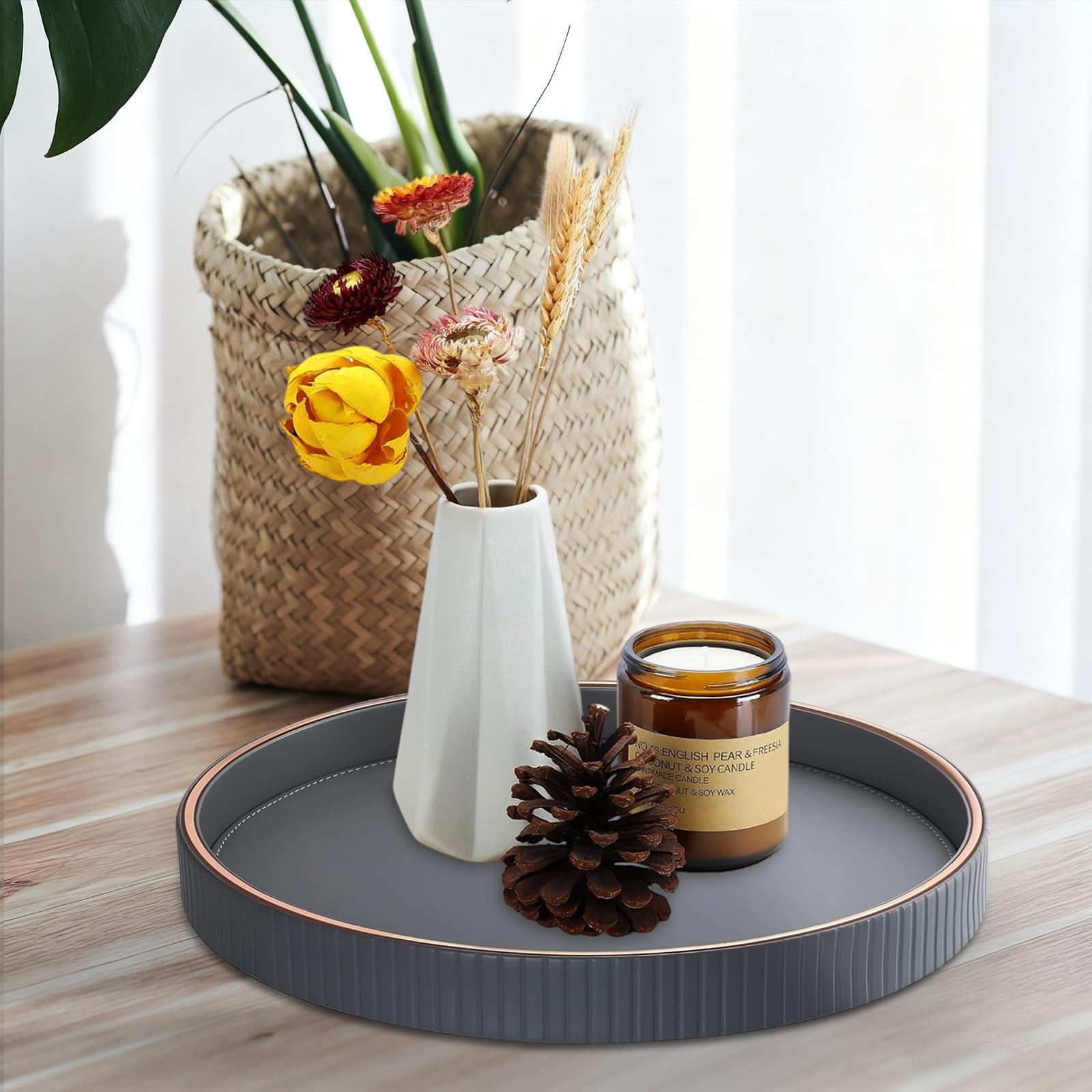 Vassoio da portata - Ø 30x3 cm in pelle, vassoio rotondo decorativo, grande vassoio decorativo, porta candele, vassoio per scrivania, per cucina, soggiorno, camera da letto - Grigio chiaro