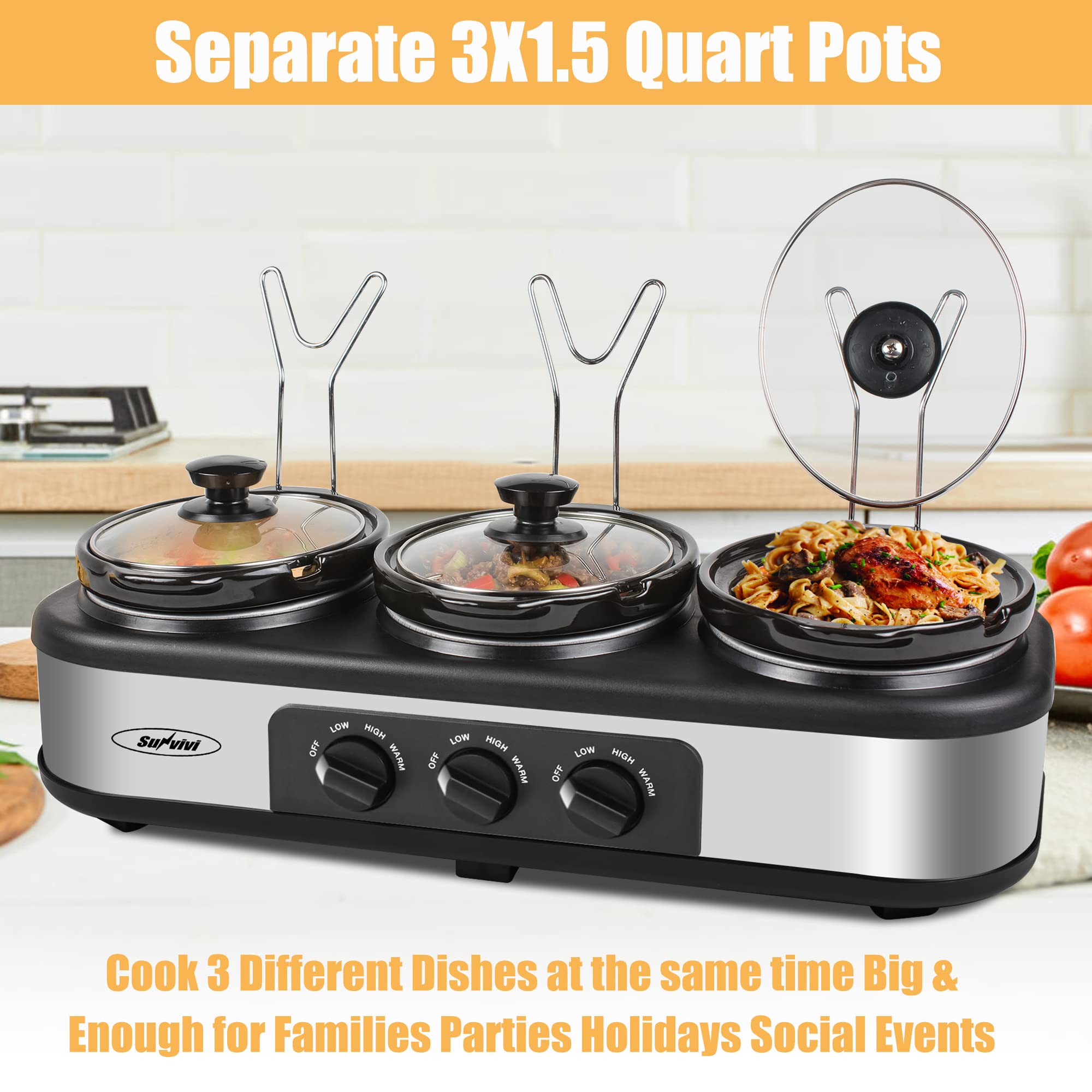 Triple Slow Cooker, 3×1.5 QT Buffet Servers and Warmers, 3 Pots Buffet Slow Cooker Adjustable Temp Lid Rests Stainless Steel Manual Silver for Parties Holidays Families
