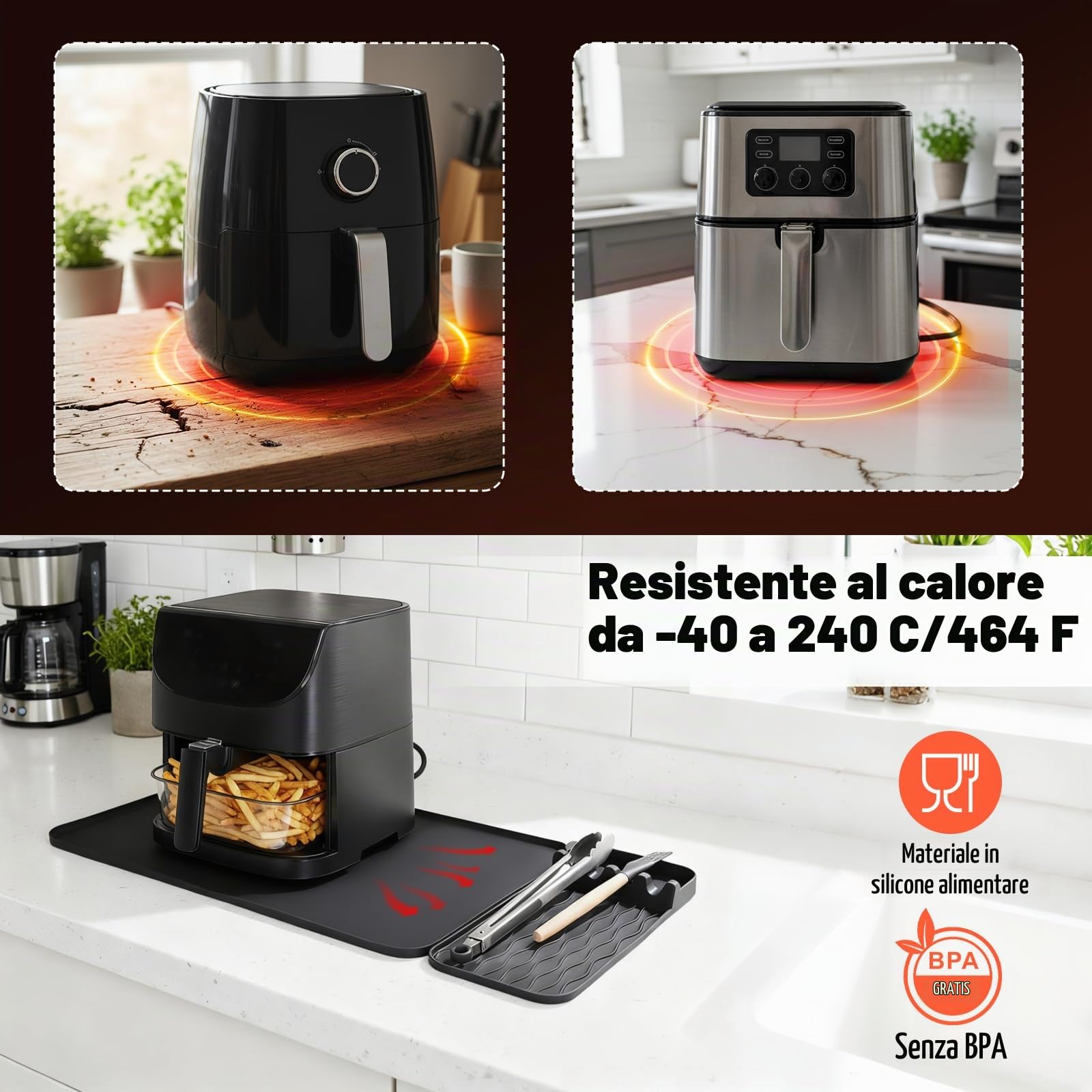 VINATO Tappetino Resistente al Calore per Friggitrice ad Aria, 65x40cm Tappetino Ignifugo in Silicone Antiscivolo Impermeabile, Protezione Piani di Lavoro per Macchine da Caffè Friggitrici ad Aria