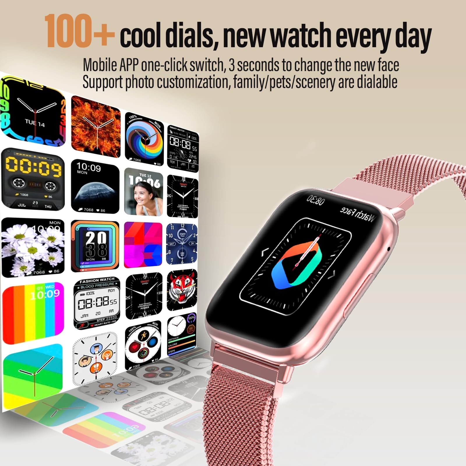 SLOKSFil Reloj Inteligente Mujer con Llamadas, 1,83” HD Smartwatch Mujer, con Frecuencia Cardíaca, SpO2, Presión Arterial, Sueño, IP68, 120+Deportes Fitness, para iOS Android (Rosa)