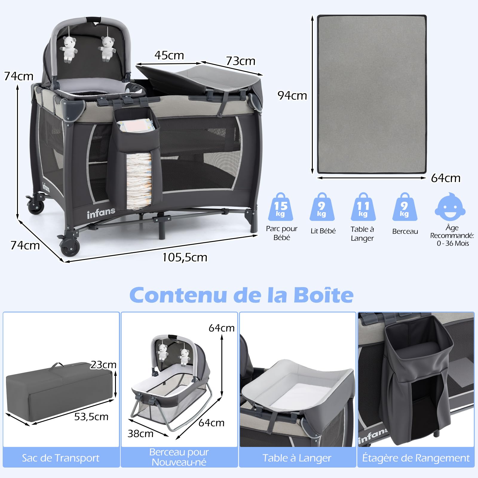 GOPLUS Lit Parapluie 4 en 1, Lit Bebe Pliable à 2 Niveaux avec 2 Roues avec Frein, Matelas, Jouets, Table à Langer, Boîte à Musique et Sac de Transport, pour Bébé 0-3 Ans, Charge 15KG (Gris)