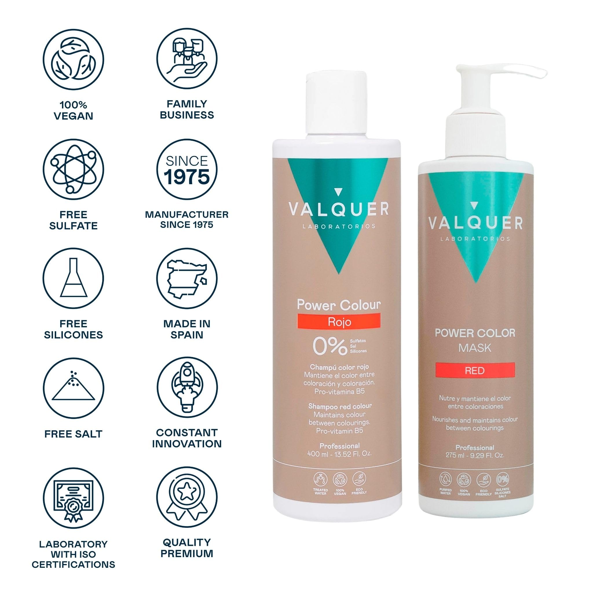 Valquer Pack Power Color Cabellos Teñidos Rojo: Champú 400 ml + Mascarilla 275 ml – Coloración Temporal