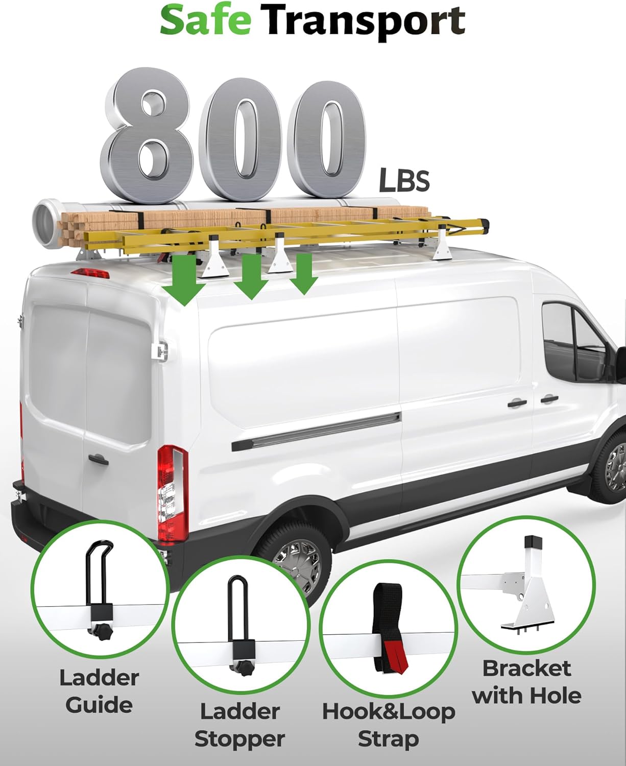 StarONE 54" Van Ladder Rack,Van Roof Rack Fit for 2015-On Ford Transit 150 250 350,White,3 Bars,800lbs