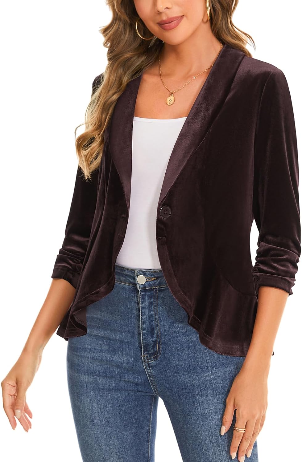MINTLIMIT Women's Velvet Blazer Ruched 3/4 Sleeve Shawl Lapel Button Front Ruffle Tailored Cardigan Suit Jacket Blazer