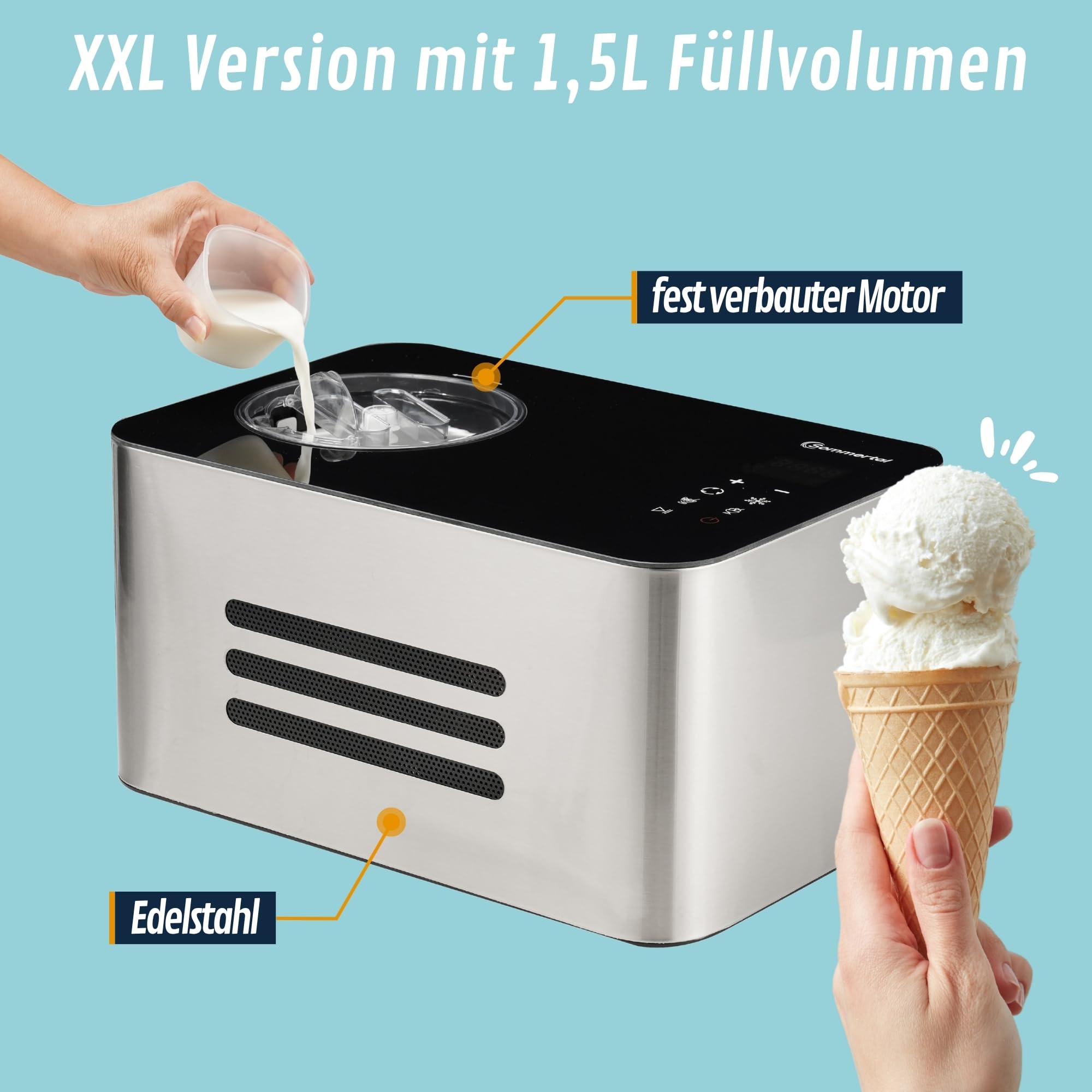 Sommertal ICE1500, Eismaschine mit Kompressor bis -36 °C, 1,5 L Edelstahl, Touchdisplay, 150 W stromsparend, für Sorbet, Milch-Eis und Frozenjoghurt, inkl. Portionierer, BPA-frei