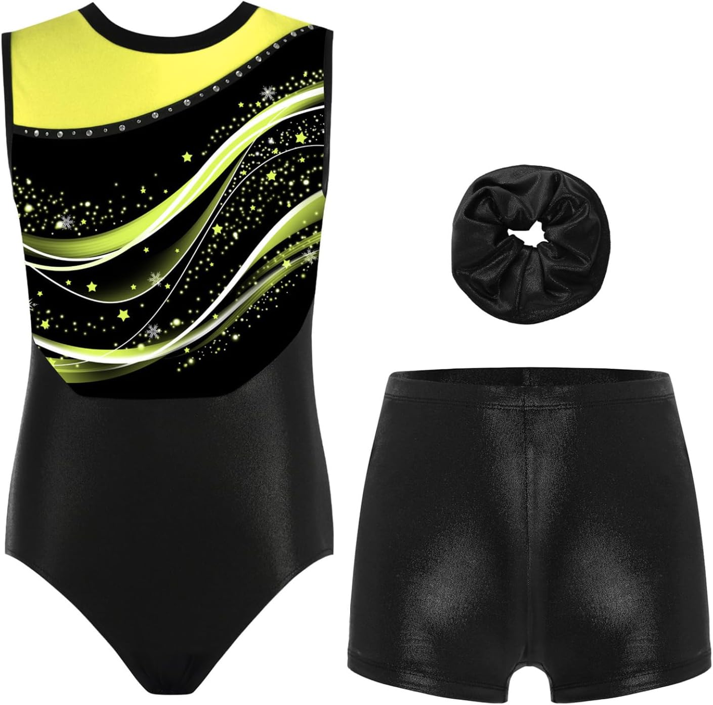 Linjinx Gymnastics Leotard for Girls Sleeveless Sparkly Print Dance Unitard with Shorts Hair Band Set Ballet Biketard