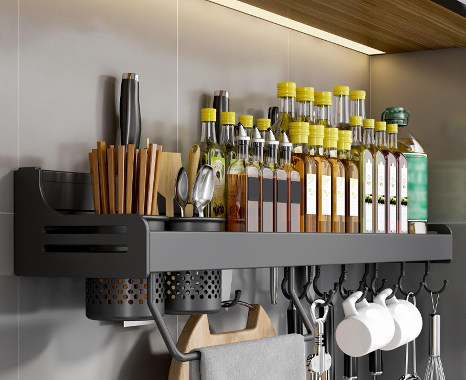 GLJTUO Wall-Mounted Spice Rack - Metal Hanging for Kitchen Spices, Seasoning Holder with Towel Holder, Knife Storage, Hooks & Utensil (Black 70Cm),Black-70Cm