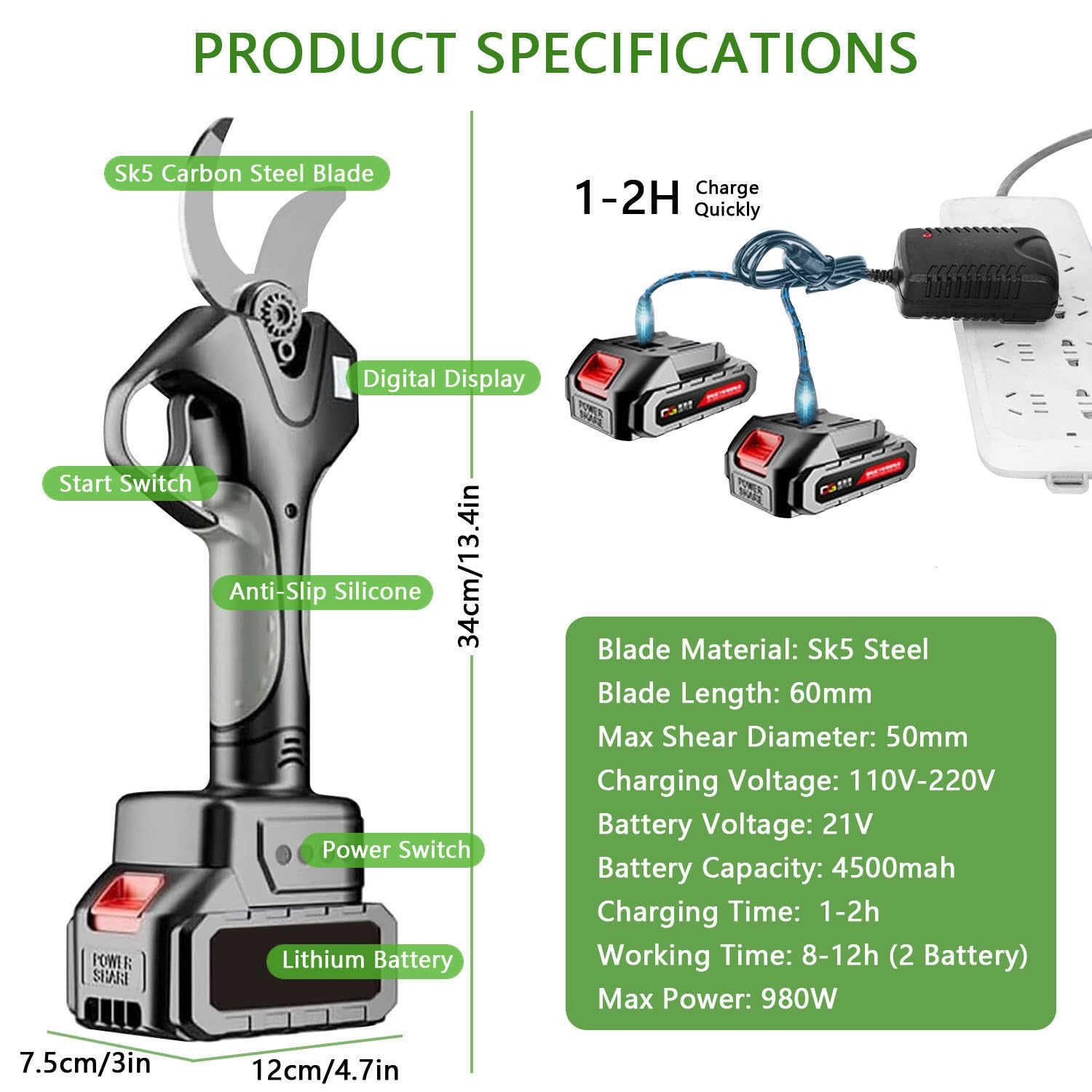 Tijeras De Podar Eléctricas, Tijeras De Podar Telescópicas Inalámbricas De 2.1M, Tijeras De Podar Con 2×4.5Ah Batería, Diámetro De Corte De 50mm, Tijeras De Ramas Para Jardinería