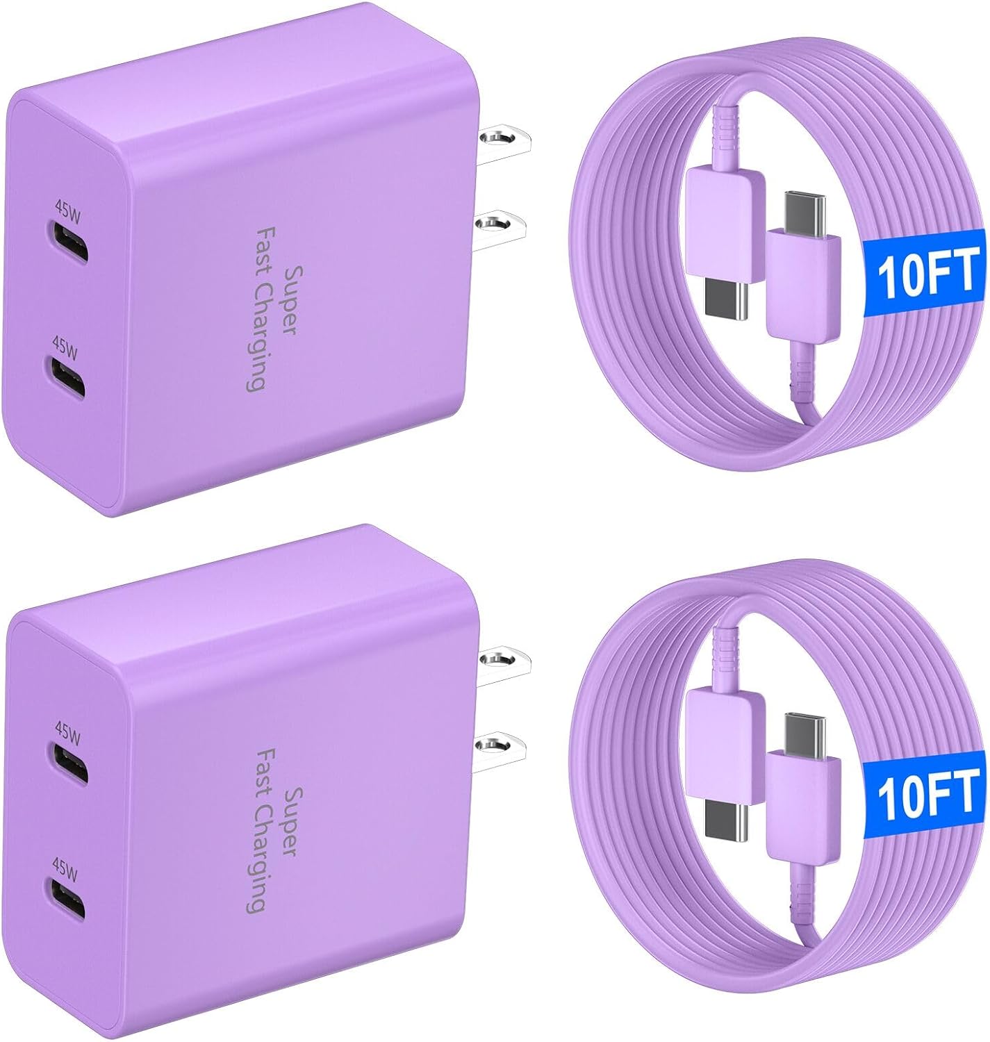 45W USB-C Charger with 10ft Cable (2-Port) Purple