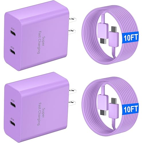 45W USB-C Super Fast Charger, 2-Port 45 Watt Type C Charger Fast Charging Block with 10FT USB C Cable Cord for Samsung Galaxy S25 Ultra/S25+/S25/S24/S23 Ultra/S23+/S22 Ultra/S22+/S20 Ultra-Purple