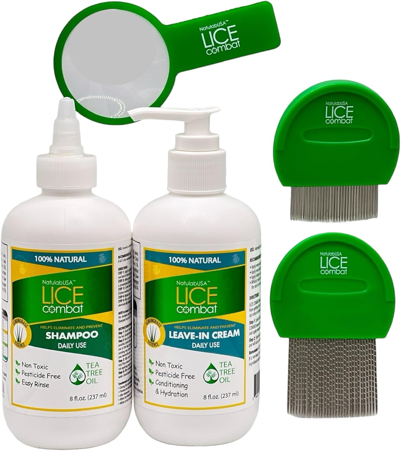 Lice Combat Treatment Kit | Shampoo, Leave-in Cream, Two Combs and Magnifying Glass | Manages Super Lice & Nits | Repels & Prevents | Pesticide Free | 100% Natural Essential Oils