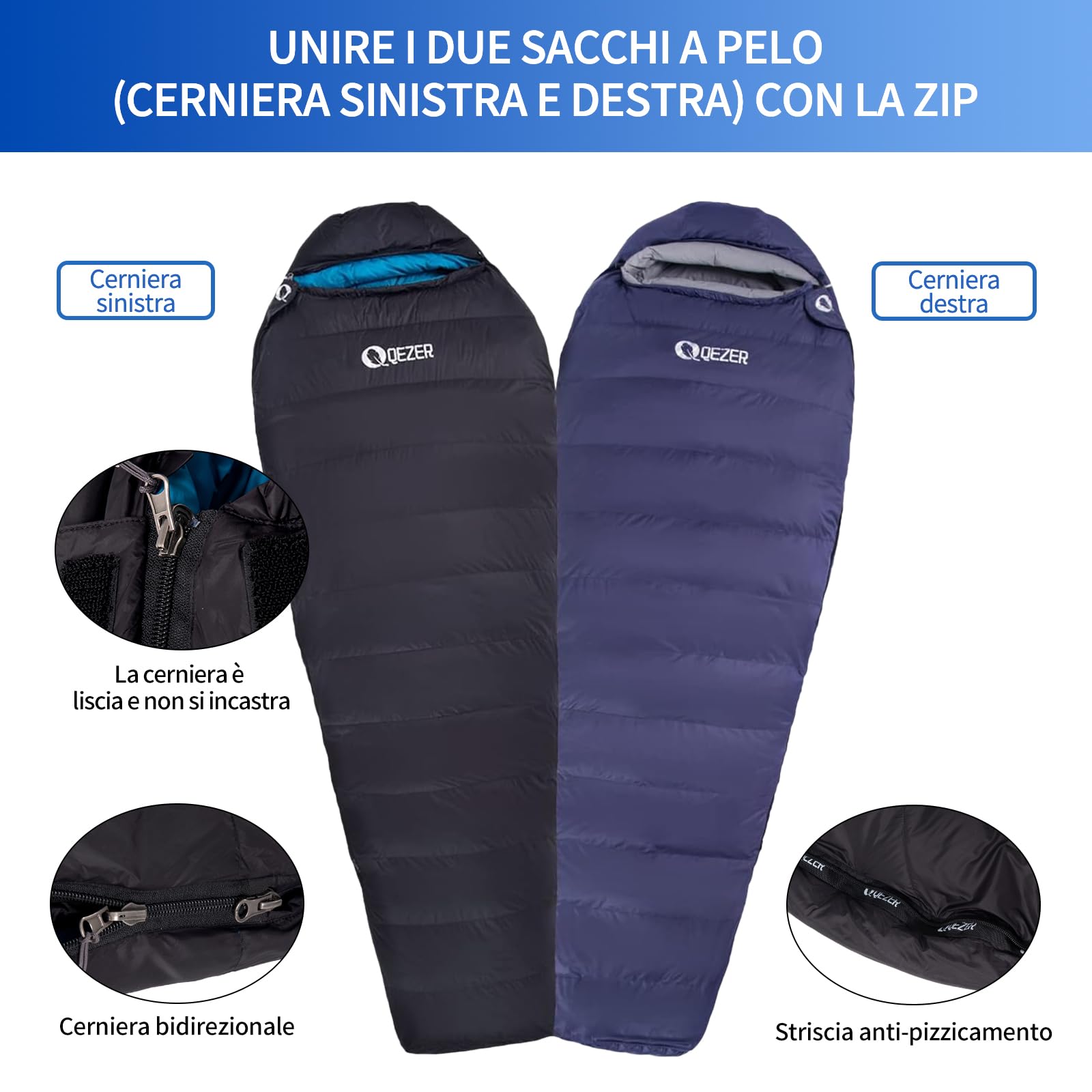 QEZER Sacco a pelo in piuma, sacco a pelo invernale 0℃ ~ -8 ℃~-24℃ 【1.46-2.32 kg】leggero, Compatto,caldo, piumino di alta qualità 600+ FP, per campeggio,escursionismo, alpinismo e viaggi