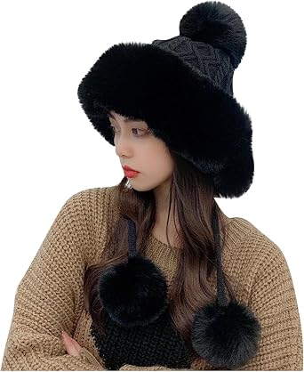 Winter Beanie Hats for Women Faux Fur Crochet Skull Cap Ear Flaps Russian Ushanka Trapper Hat Ear Cover with Pompom