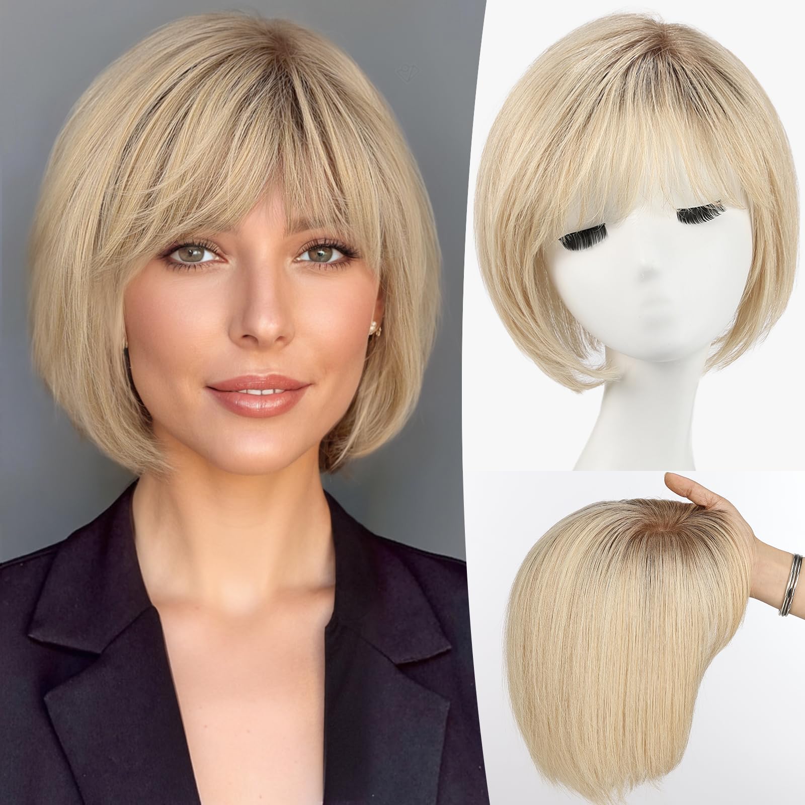 starluck Hair Topper for Women Real Human Hair, 6.5x6.5 inch Base ombre Light Blonde Short Bob with Bangs Side Part SilkHug Human Hair Topper for