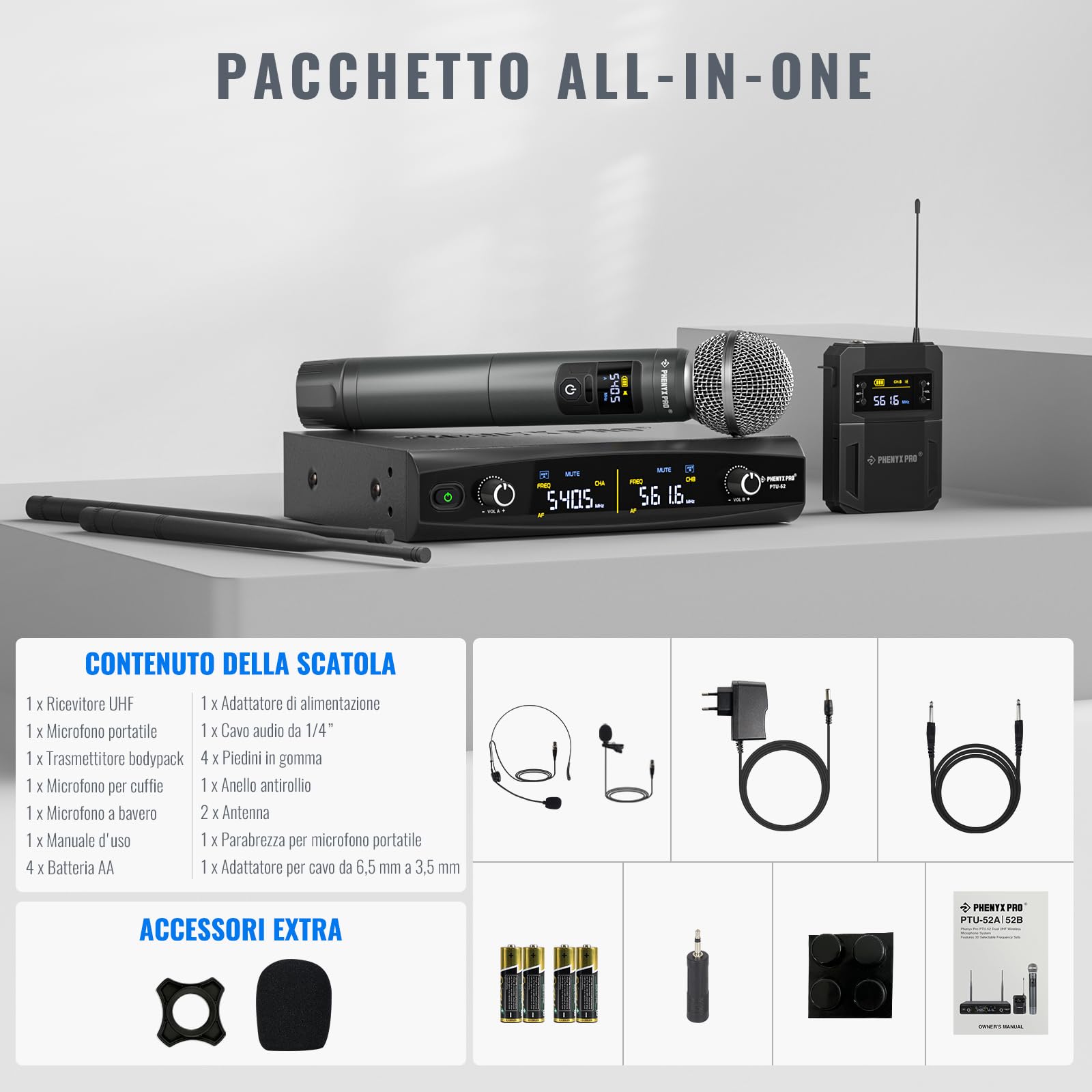 Phenyx Pro Sistema Microfono Wireless UHF Dual PTU-52-1H1B | 1 microfono palmare, 1 bodypack, headset/lavalier, 2 x 30 frequenze, portata 200 ft, canto e karaoke