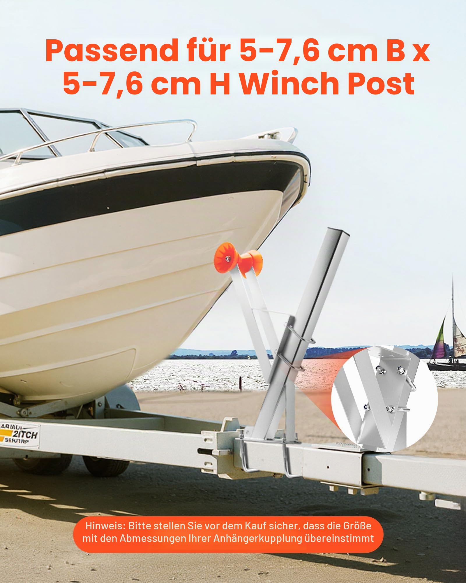 VEVOR Bootsanhänger-Sitz mit Rolle, 50,8–76,2 mm Windenpfosten, Windstand mit orangefarbener TPU-Rolle & U-Bolzen, geeignet für Jetski, Segelboot, Fischerboot, Schnellboot (verzinkt), Silber