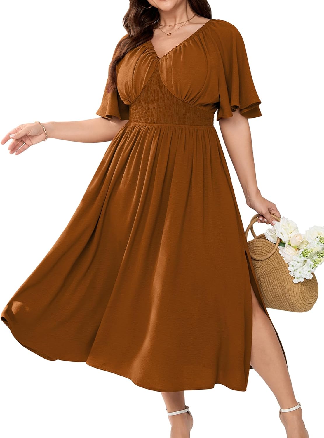Womens Plus Size Formal Dress V Neck Flutter Short Sleeve Split A Line Boho Maxi Dresses for Wedding Guest