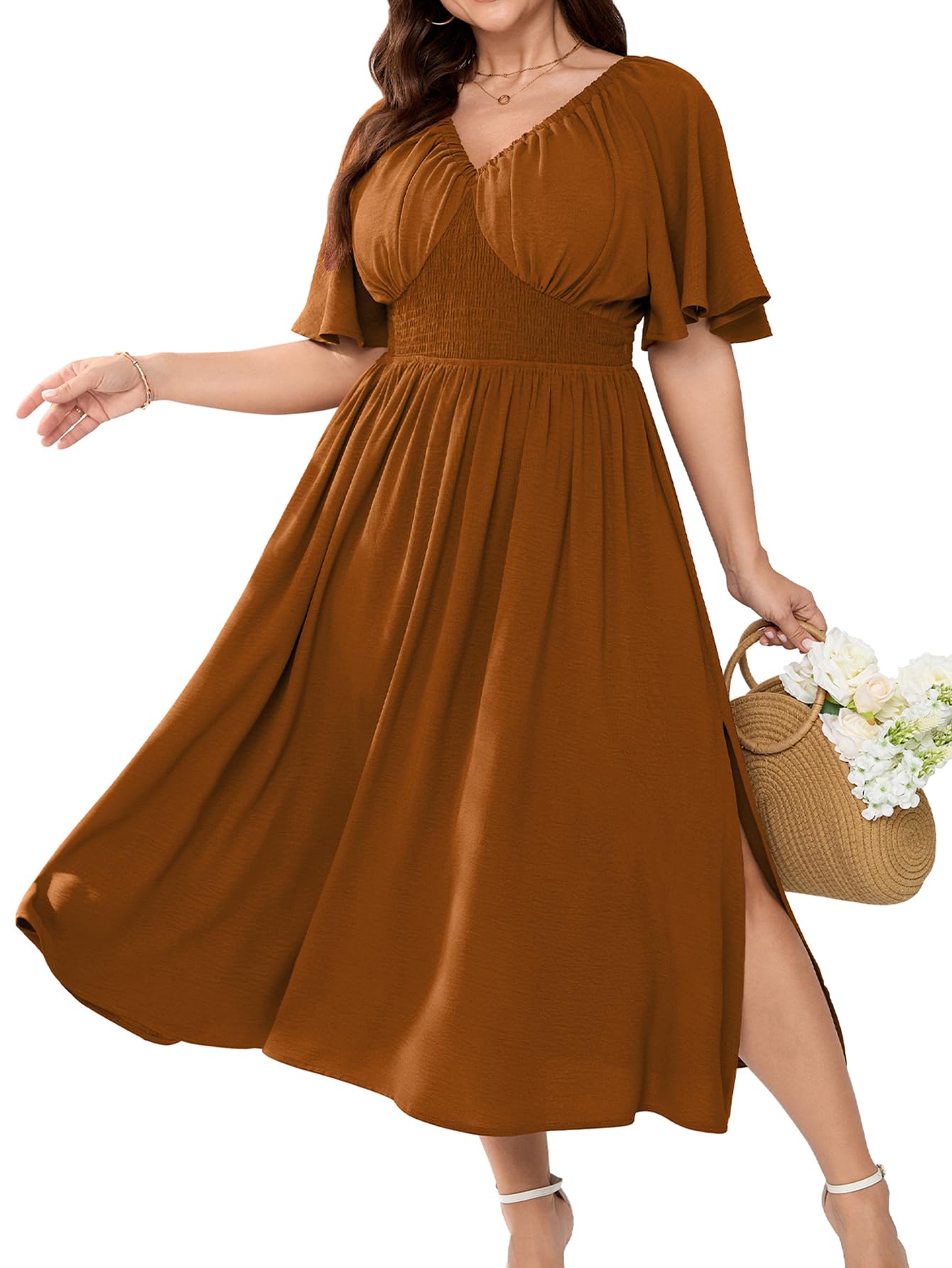 Womens Plus Size Formal Dress V Neck Flutter Short Sleeve Split A Line Boho Maxi Dresses for Wedding Guest