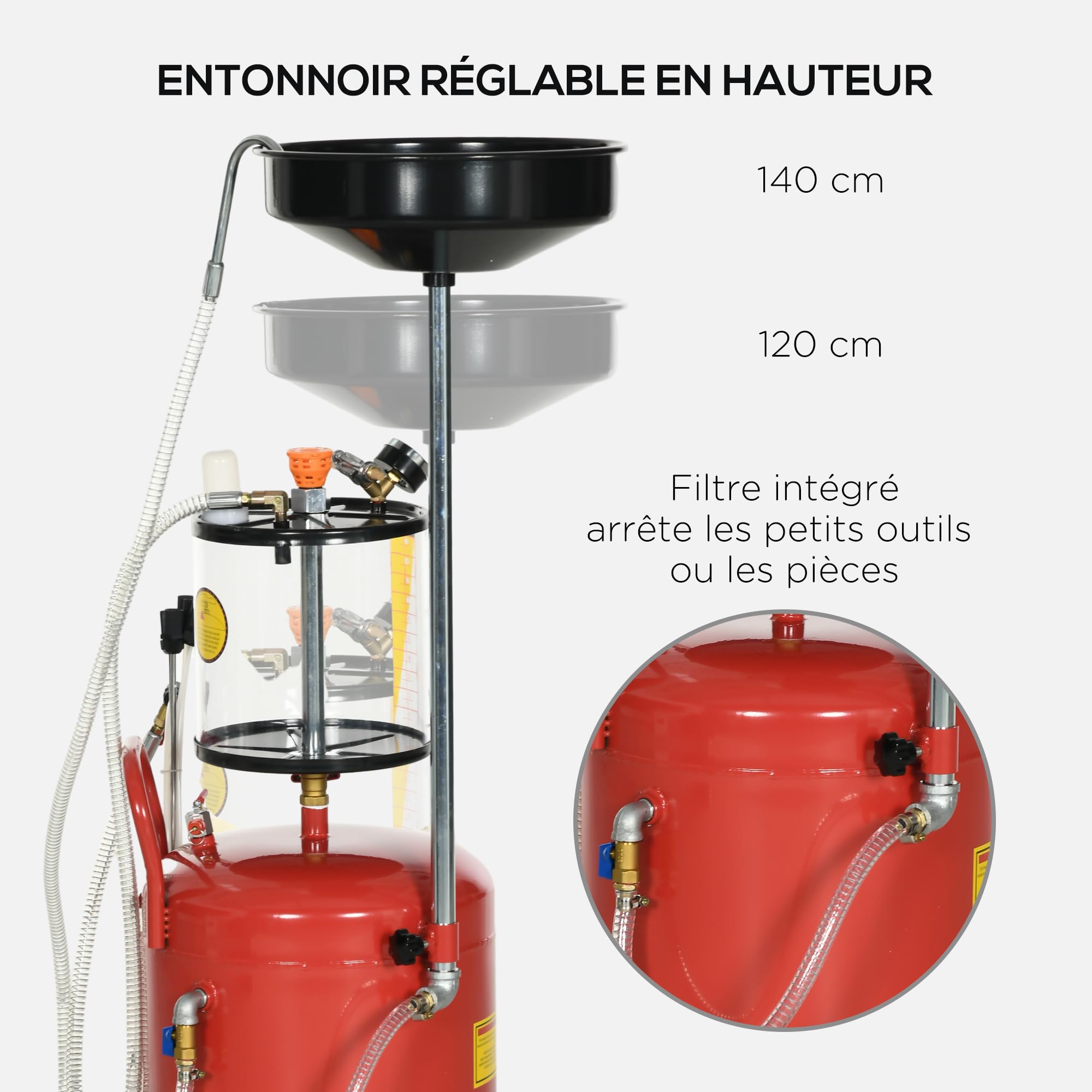 DURHAND - Recuperador de aceite de drenaje de aceite usado portátil 2 en 1, equipado con ruedas, altura ajustable y drenador de aceite neumático de 80 L, color rojo