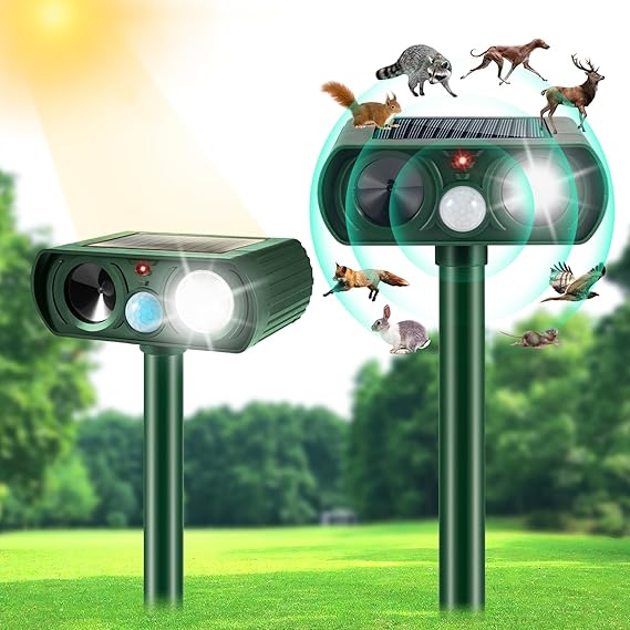 Solar Ultrasonic Animal Repellent - 4 Pack, Motion Activated, Weatherproof, For Deer, Cats, Squirrels, Skunks, Rabbits & Birds