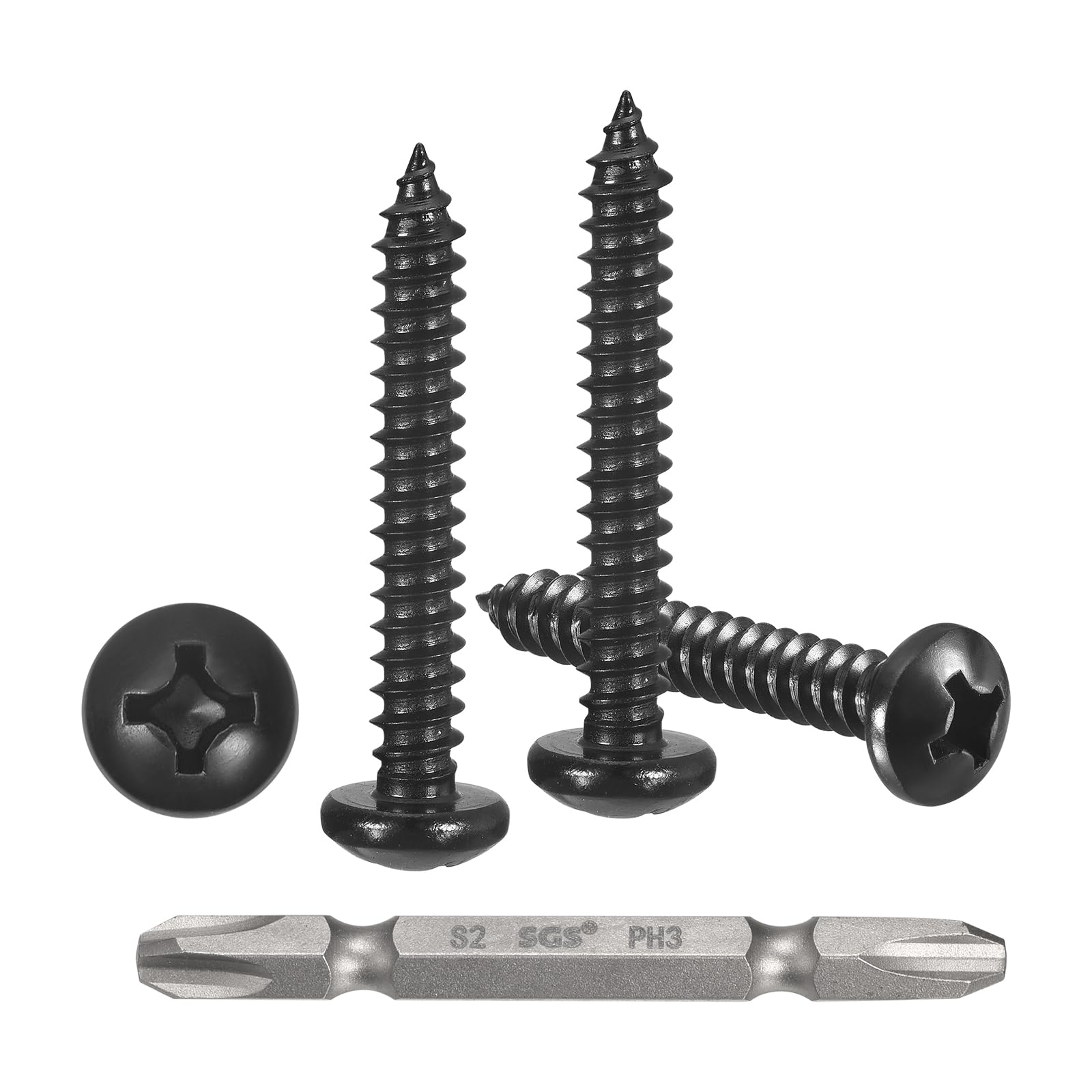 METALLIXITY Phillips Pan Head Self Tapping Screws(#12x1-1/2") 25Pcs, 304 Stainless Steel Self Drilling Screw for Metal Wood Plastic with Bit, for Cabinet Wall Shutter Plate Furniture, Black