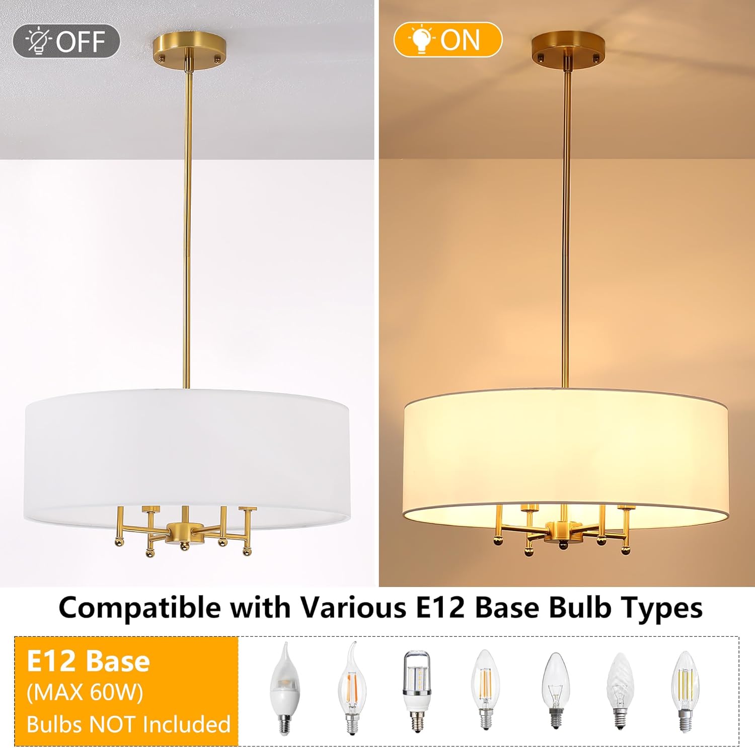 20" Gold Modern Drum Chandelier, 4-Light Hanging Ceiling Chandeliers with White Fabric Shade, Adjustable Height Pendant Lights, Farmhouse Light Fixture for Dining Room, Bedroom, Living Room (E12 Base)