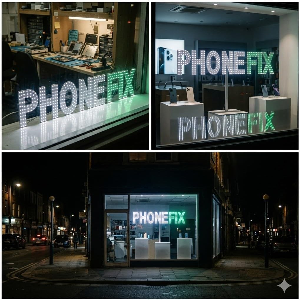 EPL PHONE FIX WHITE/GREEN, LED 2G Blinking Sign, Eye-catching Sign, Super Bright, 7"x34", Remote Control & Smartphone Repair Shop Business decor, Storefront display, Restaurant signage