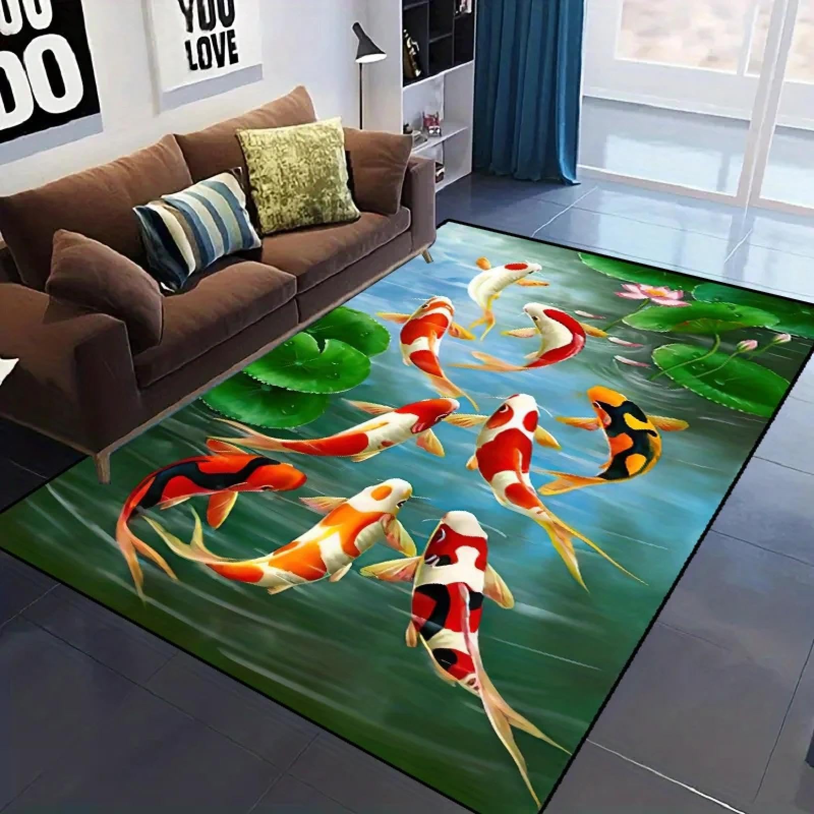 Alfombra con estampado de peces para pie de cama y mesa de centro en salones acogedores