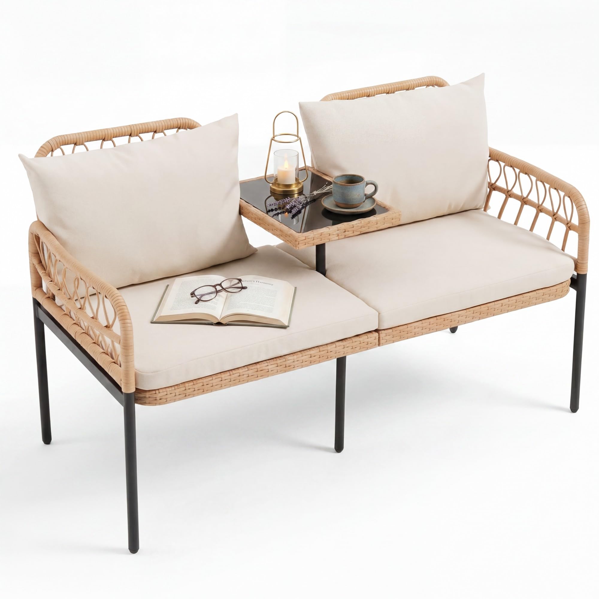 SOARS Divanetto da Giardino in Rattan PE, Panca a 2 Posti con Tavolino in Vetro Temperato, Divano con Cuscini Imbottiti, Schienale e Braccioli, per Balcone, Terrezza, Max 150 KG, 137 X 64,5 X 84 CM | Panca da Giardino con Cuscini Sfoderabili, Divano 2 Pos