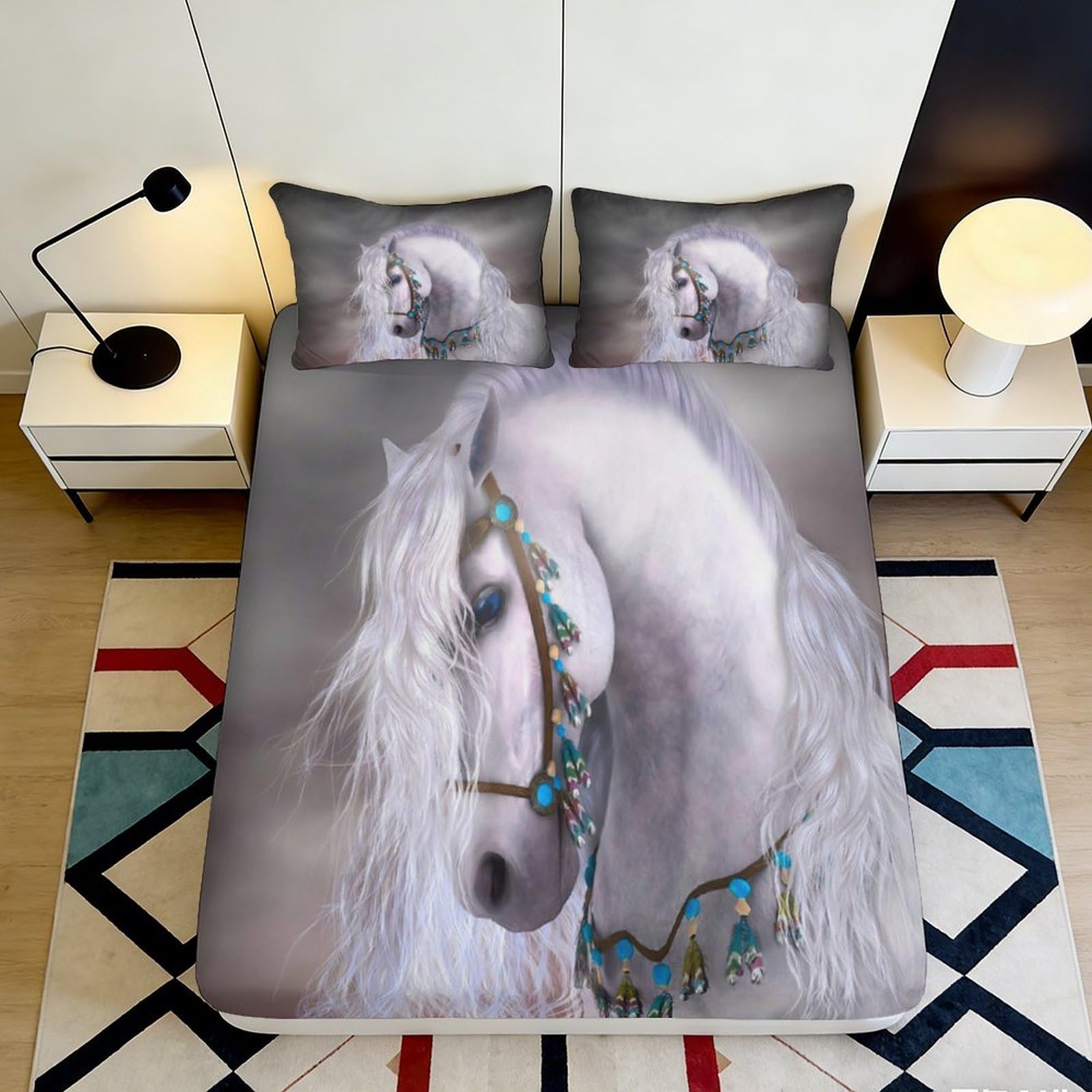 Kzqjxnhpcr Style-2 3D Printed White Horse Fitted Sheet Microfiber Deep Pocket Non-Slip Bedroom Bedding White Horse Mattress Fitted Cover Full Wrap Washable For Adults Teens 90X200x25cm 90X200x25cm