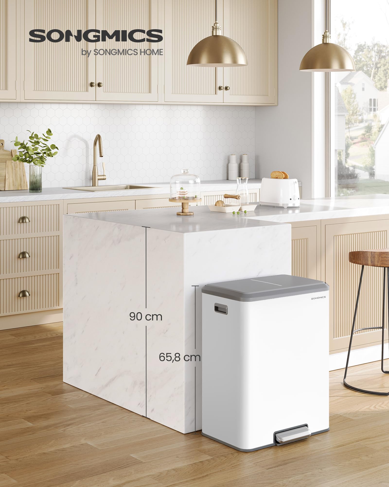 SONGMICS Papelera de Cocina, 2 x 30 L Cubo Doble para Reciclaje y Basura, Cubos Interiores, Acero, Tapa de Cierre Suave, Pedal Ancho y Robusto, Blanco Nube LTB556W02 | POWE LTB556W02 - Cubo de basura (2 compartimentos, tapa de cierre suave, pedal ancho, r