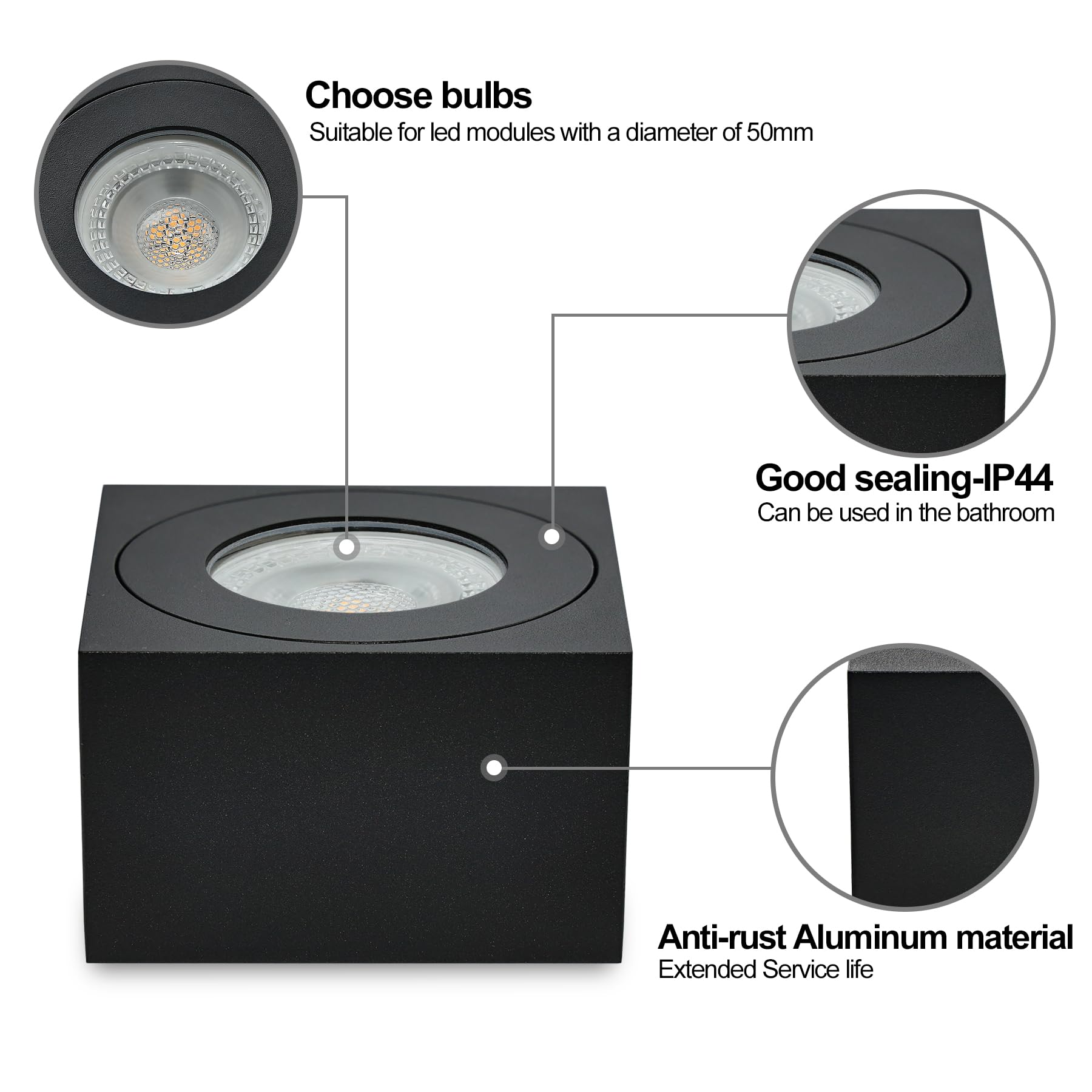 KYOTECH Faretto da soffitto a LED Quadrata IP44 Ø80*80 * 50mm Apparecchio a Plafone Plafoniera per moduli LED Spot Alluminio per Bagno Soggiorno Cucina, lampadine non incluse,Nero Set da 4
