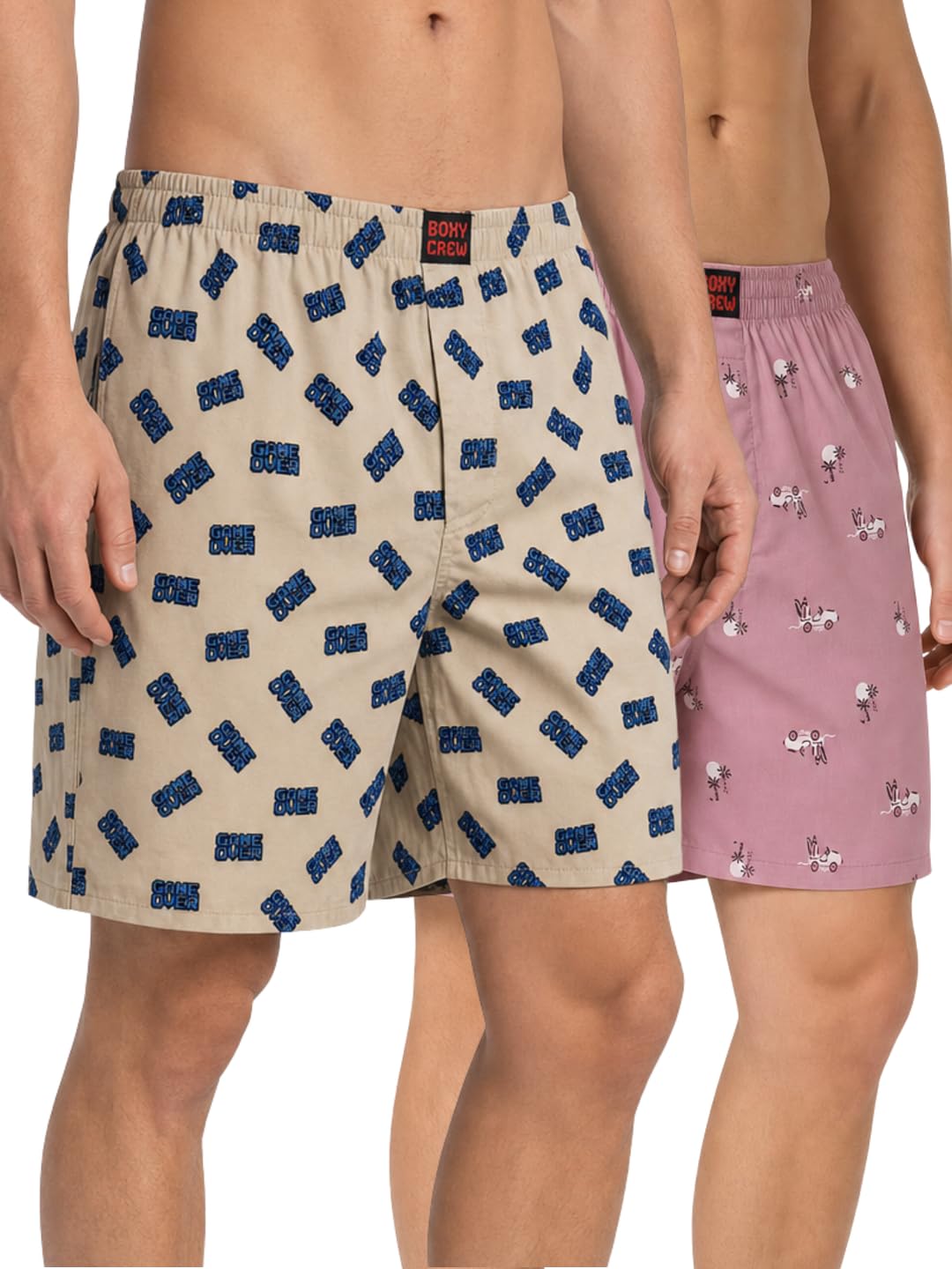 boxy crew Men's 100% Cotton Printed Boxer Shorts Pack of 2 with Dual Side Pockets and Fabric-Covered Waistband - Beige/Pink, Styles MBX019, MBX028-picture-17